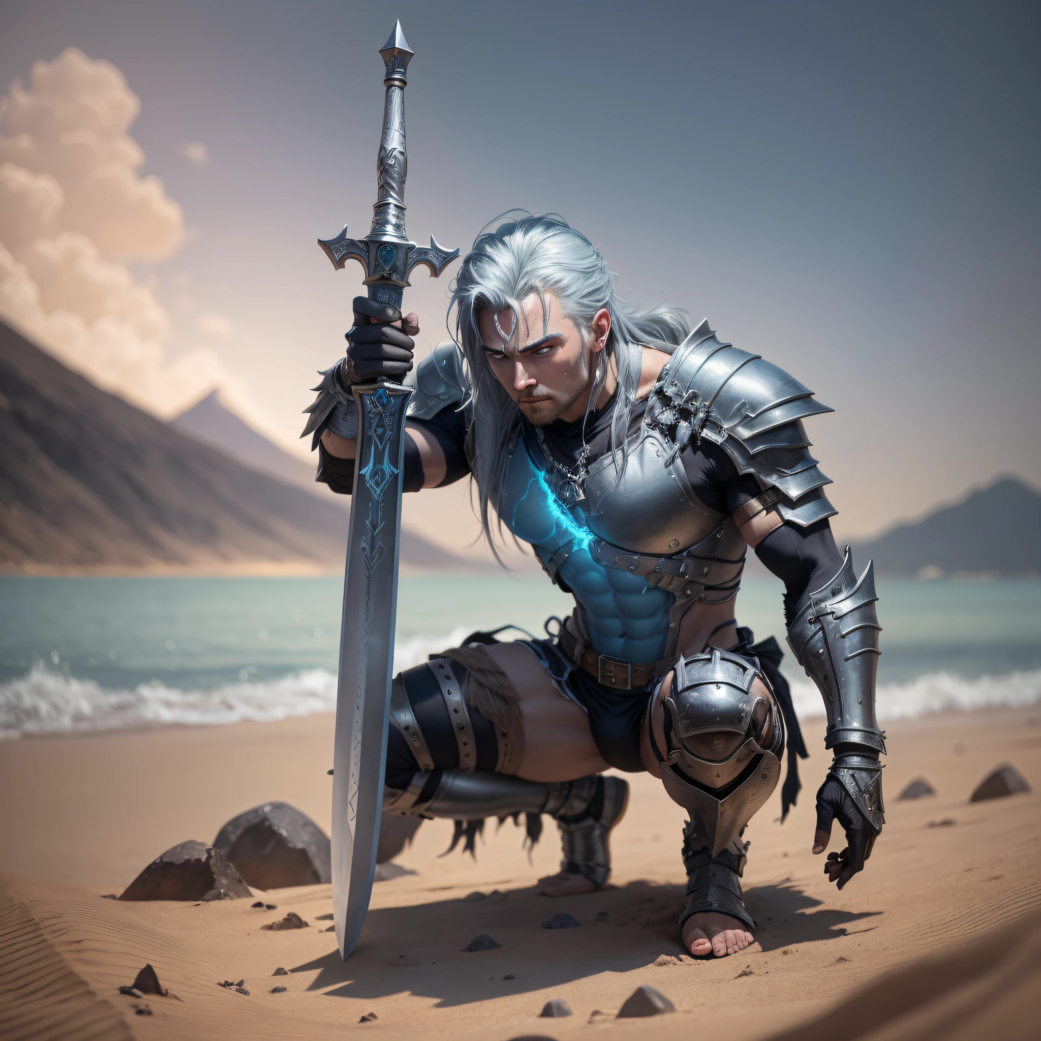 Photo RAW, a full-body portrait of a male warrior, with the cyberpunk silver armor almost all broken and revealing most of the chest and abdomen, jumps over the two enemies like dark shadows and makes his long crossed gentleman's sword tear and bleed the 2 dark enemies. The Mighty Warrior falls burying the blade deep in the desert sand. His body with his legs bent, leans forward and leans on the sword. He opens his eyes and sees a little distant and just ahead the blue of the ocean meeting the lava of the volcano. (highly detailed skin: 1.2), 8k uhd, dslr, soft lighting, high quality, film grain, Fujifilm XT3 --auto --s2