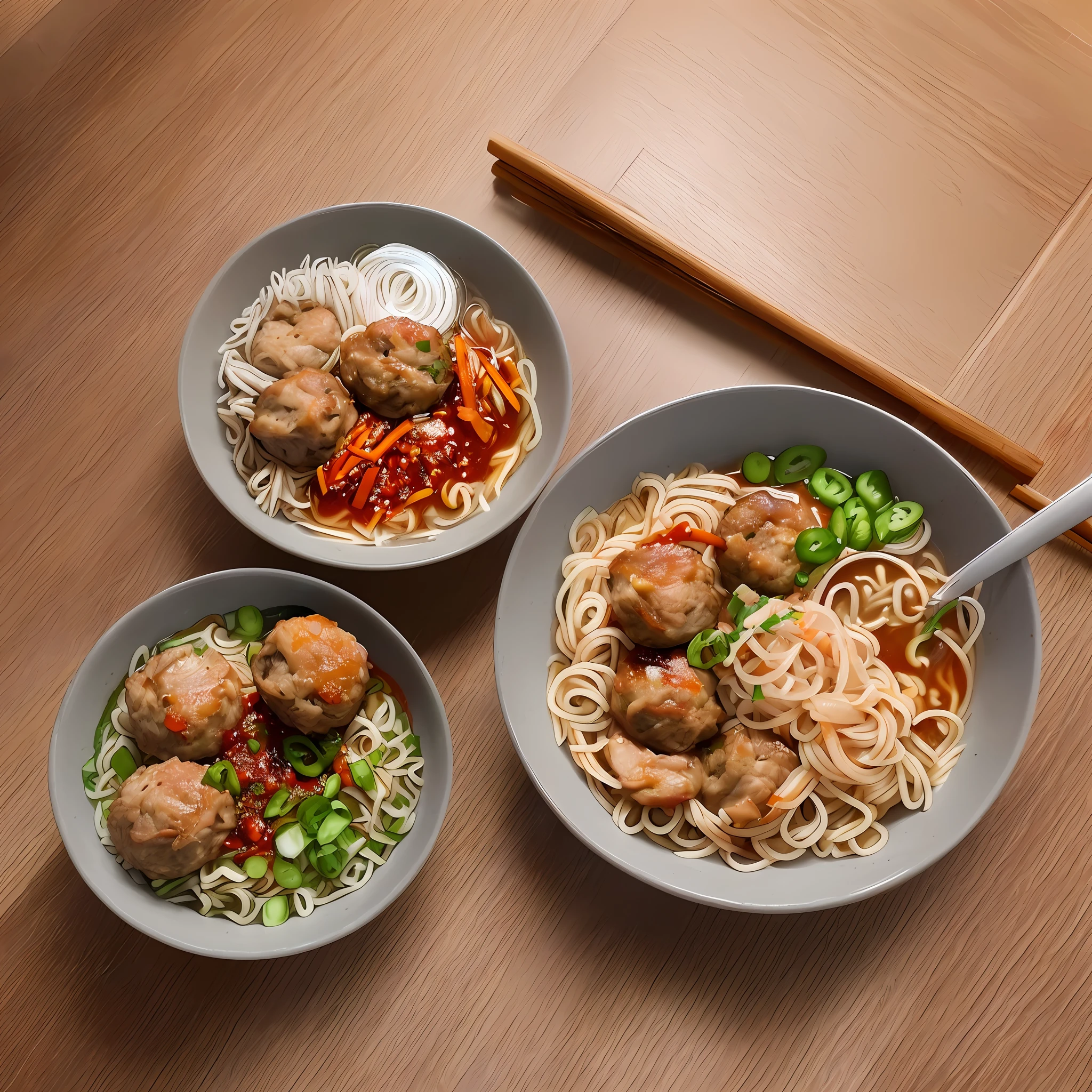 1 bowl of Realistic bakso, grey meatball, bakso, mie, noodle, spoon, fork, bowl, sawi, hot, 4K, hyper realistic photo, shot by 35mm lens, side view, sauce bottle, chilli sauce on top