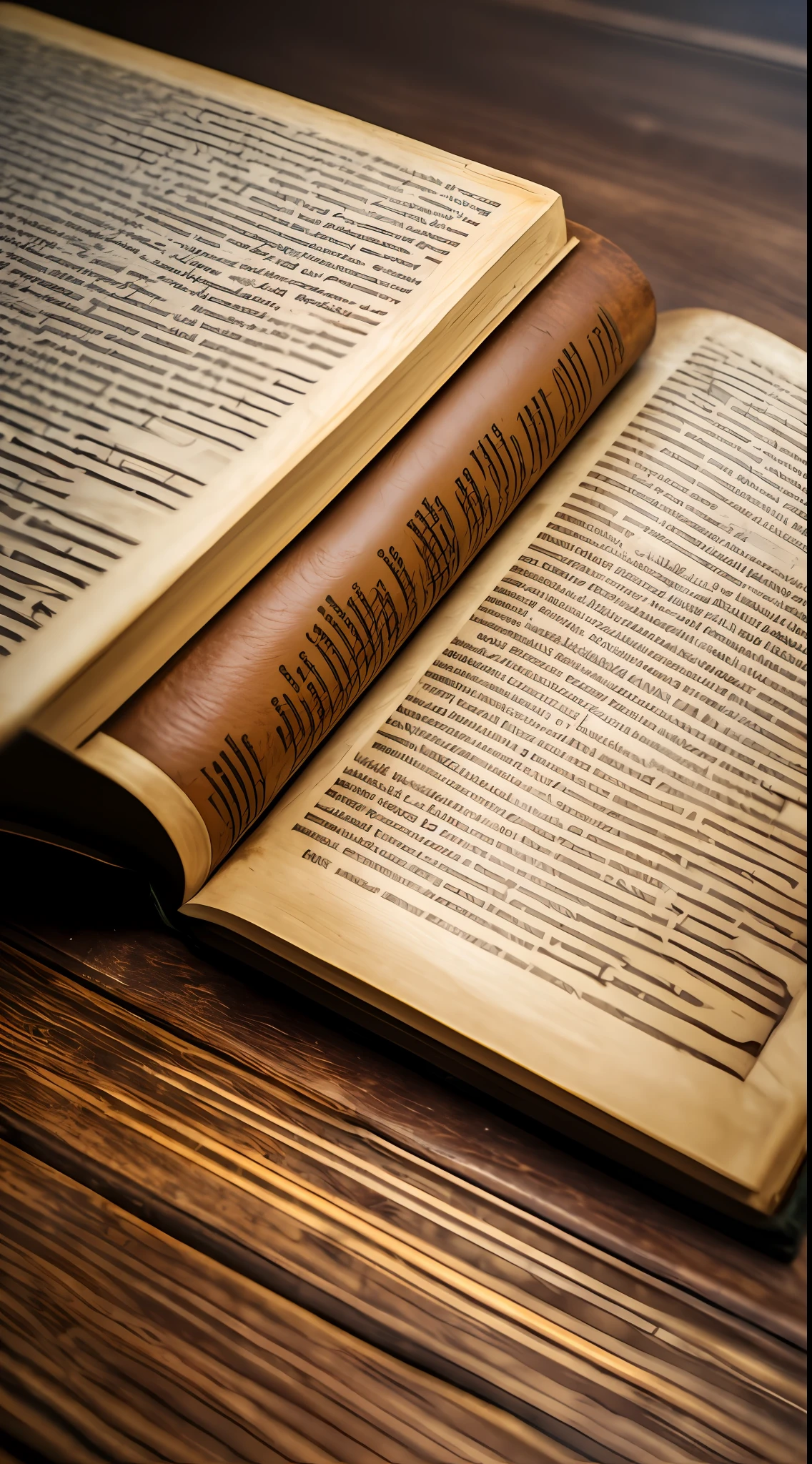 ((best quality)), ((masterpiece)), (detailed),
Close-up shot of a weathered, leather-bound book with golden edges, gently illuminated by a soft ray of sunlight, casting a warm glow on its pages. The book rests on an antique wooden table, surrounded by scattered ink quills, aged parchment, and a magnifying glass. The composition exudes an air of intrigue and wonder, evoking the awakening of imagination. The camera angle captures the scene from a slightly overhead perspective, emphasizing the intricate details of the book and inviting the viewer to delve into its mysteries.