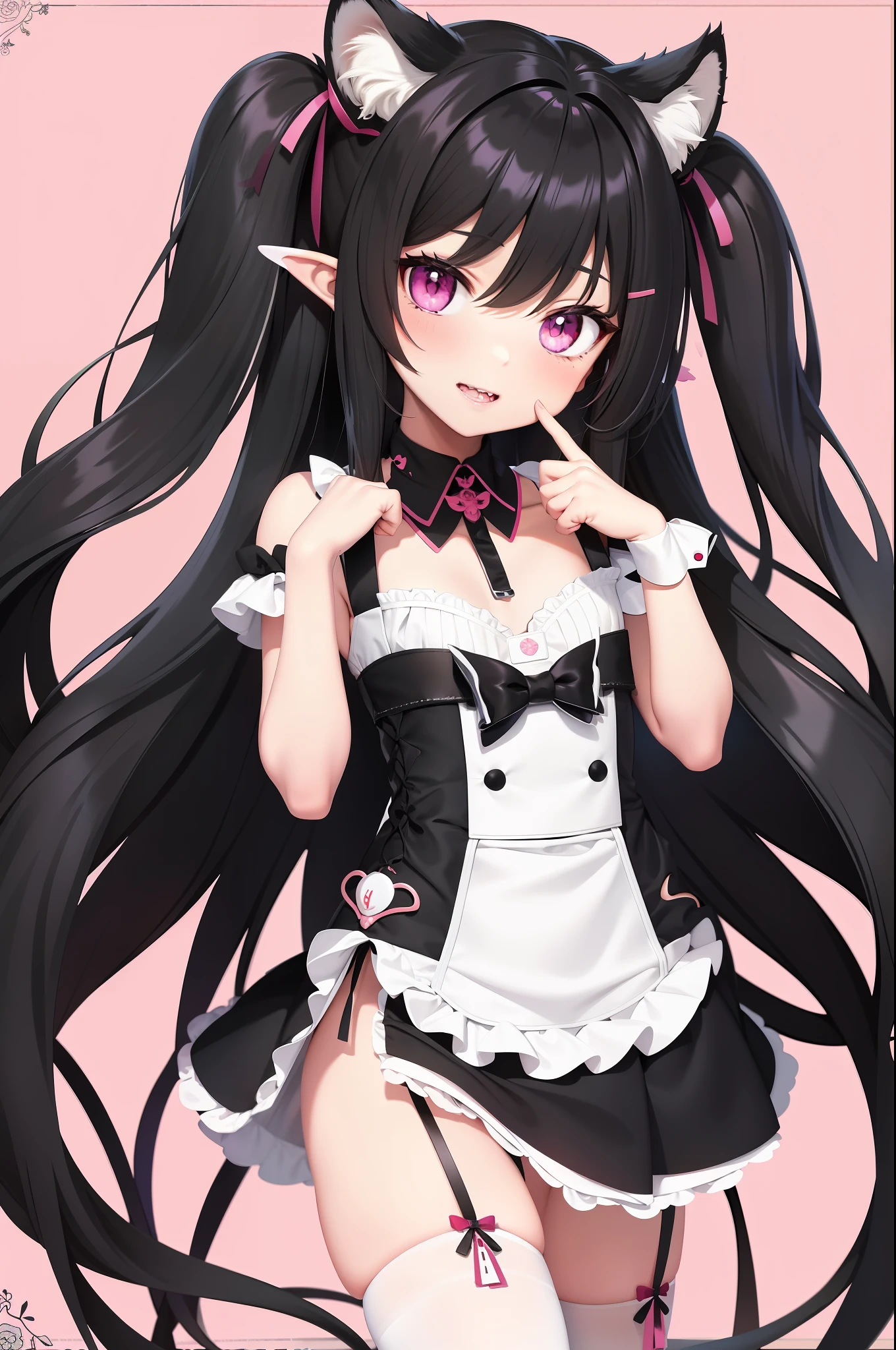 Best quality, masterpiece, maid, cute, double tail, black hair, pink eyes, little devil hairpin, tiger teeth
