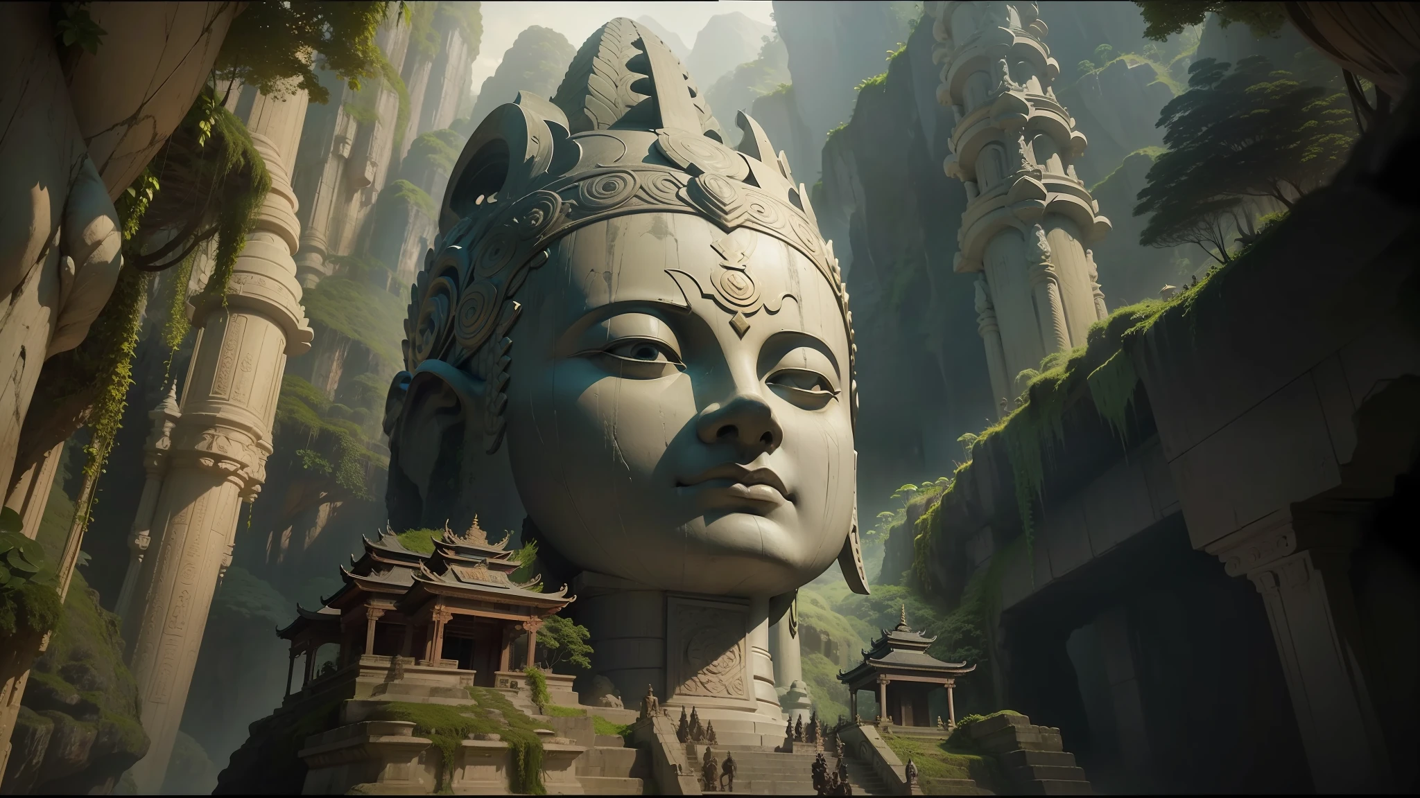 arafed statue in a cave with a sky background, cinematic cgsociety, buddhist architecture, fabian wagner cinematography, jungles of vietnam beautiful, indian master, ash thorp, screenshot of found footage, sanskrit, large pillars, the buddha, lotus