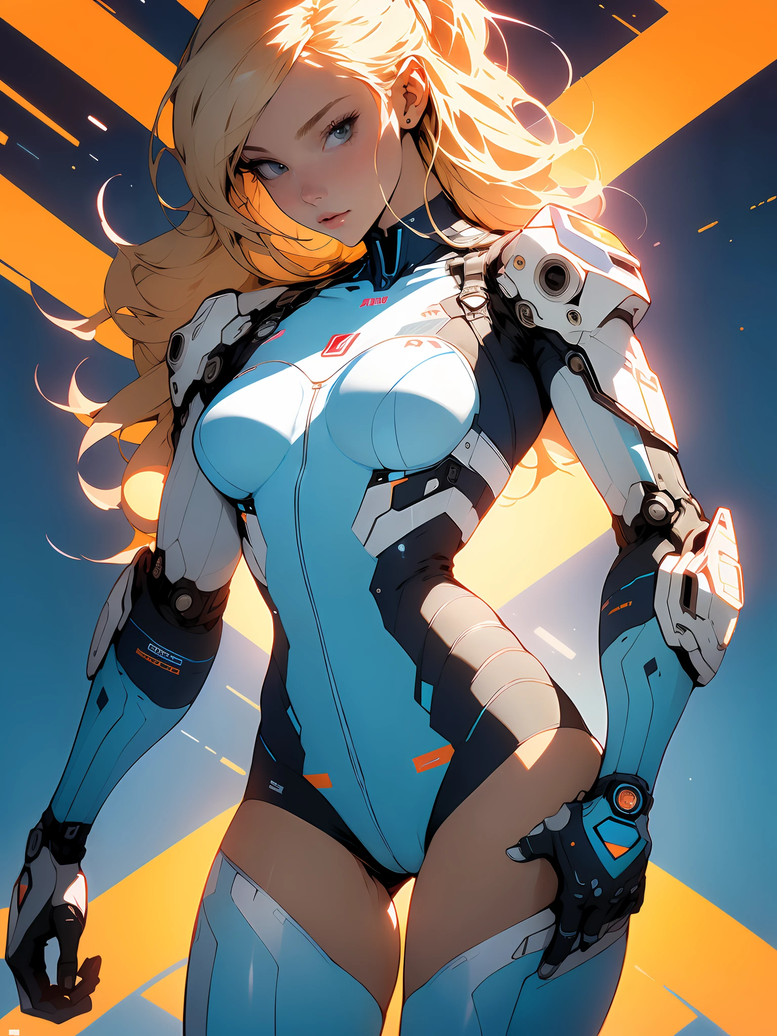 Medium and white blue stripes, ((Best quality)), ((masterpiece)), (detailed: 1.4), Robot pilot woman muscular body defined, Neon evangelion style, half thick naked thighs, closed mouth, only panties, muscular body parts covered by technological clothing, (((medium breasts)) perfect, generous neckline, ((light blue and white striped clothing)), Argentina, pastel, (((mechanical arm))), airplane wings on the back,  blonde hair with orange locks, short underwear, garter belt, by mucha, niji --V5, close to real, best quality, almost naked, psychopath, crazy face, sexy pose, psychedelic background, 2 pieces clothing, sun drawings of the flag of Argentina, cyberpunk, dark blue bra with the sun, (((clothes with the colors of the shirt of the Argentina national team))),  Pointed shoulder pads, blue eyes without pupils, HDR (High Dynamic Range),Ray Tracing,NVIDIA RTX,Super-Resolution,Unreal 5,Subsurface dispersion, PBR texture, Post-processing, Anisotropic filtering, Depth of field, Maximum clarity and sharpness, Multilayer textures, Albedo and specular maps, Surface shading, Accurate simulation of light-material interaction, Perfect proportions, Octane Render, Two-tone lighting, Wide aperture, Low ISO,  White Balance, Rule of Thirds, 8K RAW, crysisnanosuit