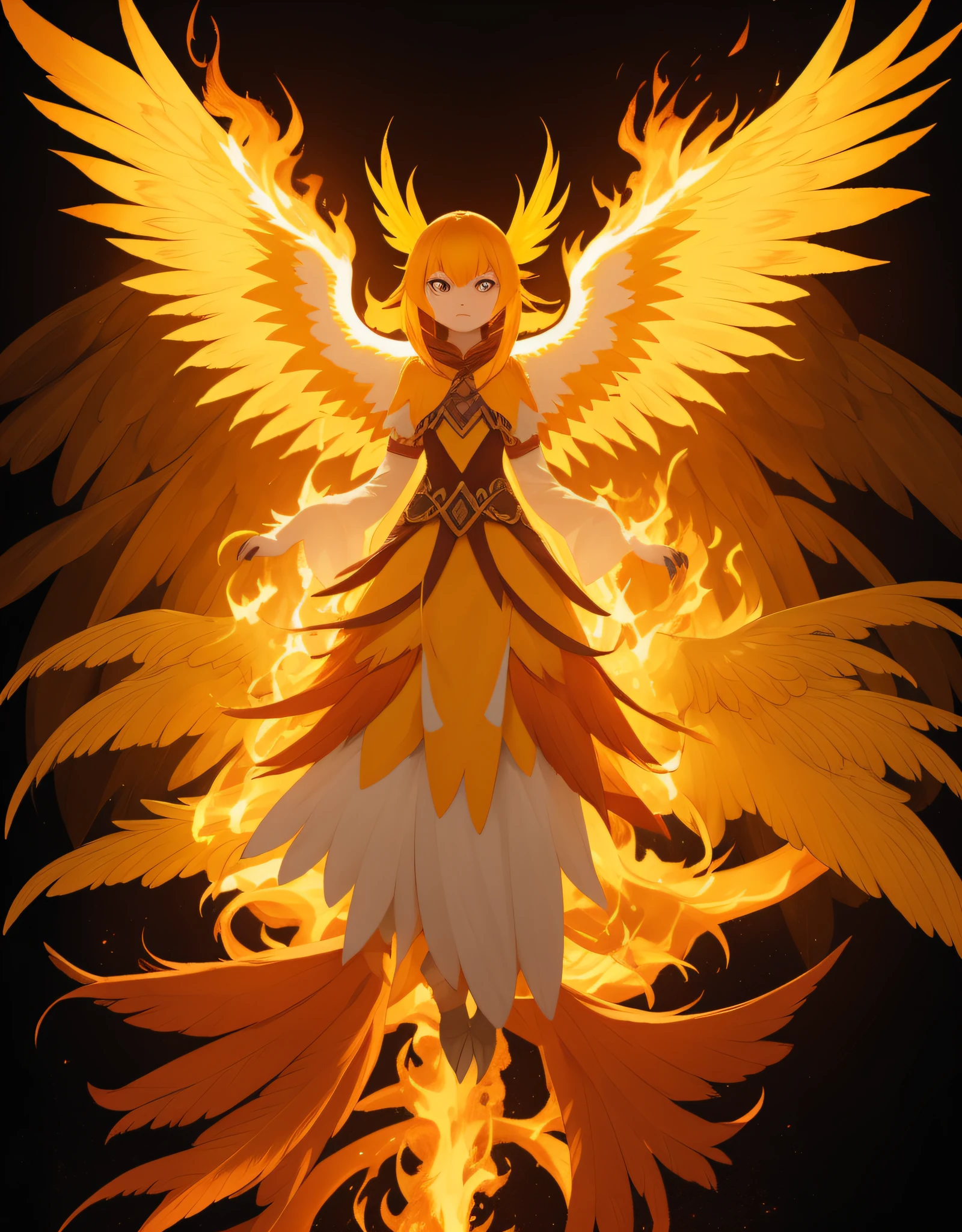 phoenix , (monster girl), yellow feathers, orange and yellow flame hair, orange and yellow flame wings, brown talons, awesome modest clothing, masterpiece, best quality
