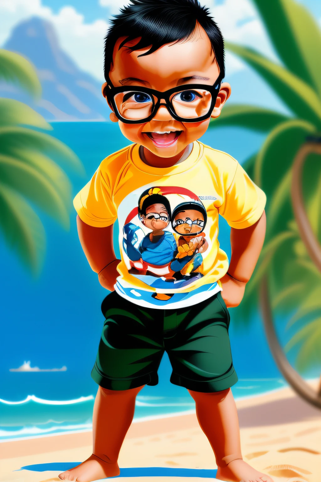 guttonerdinho01, nerdinho, Illustration of a 3-year-old boy wearing glasses, well-detailed face, detailed skin, wearing cap, white tank top, camouflaged safari pants and bootie sneakers. The scene inspired by the drawings of Alex Ross brings a scene of a beautiful beach with coconut trees and mountains, calm and frothy sea, where the boy plays quietly in the sand. The illustration brings to the scene all the art of Alex Ross in a high level of detail