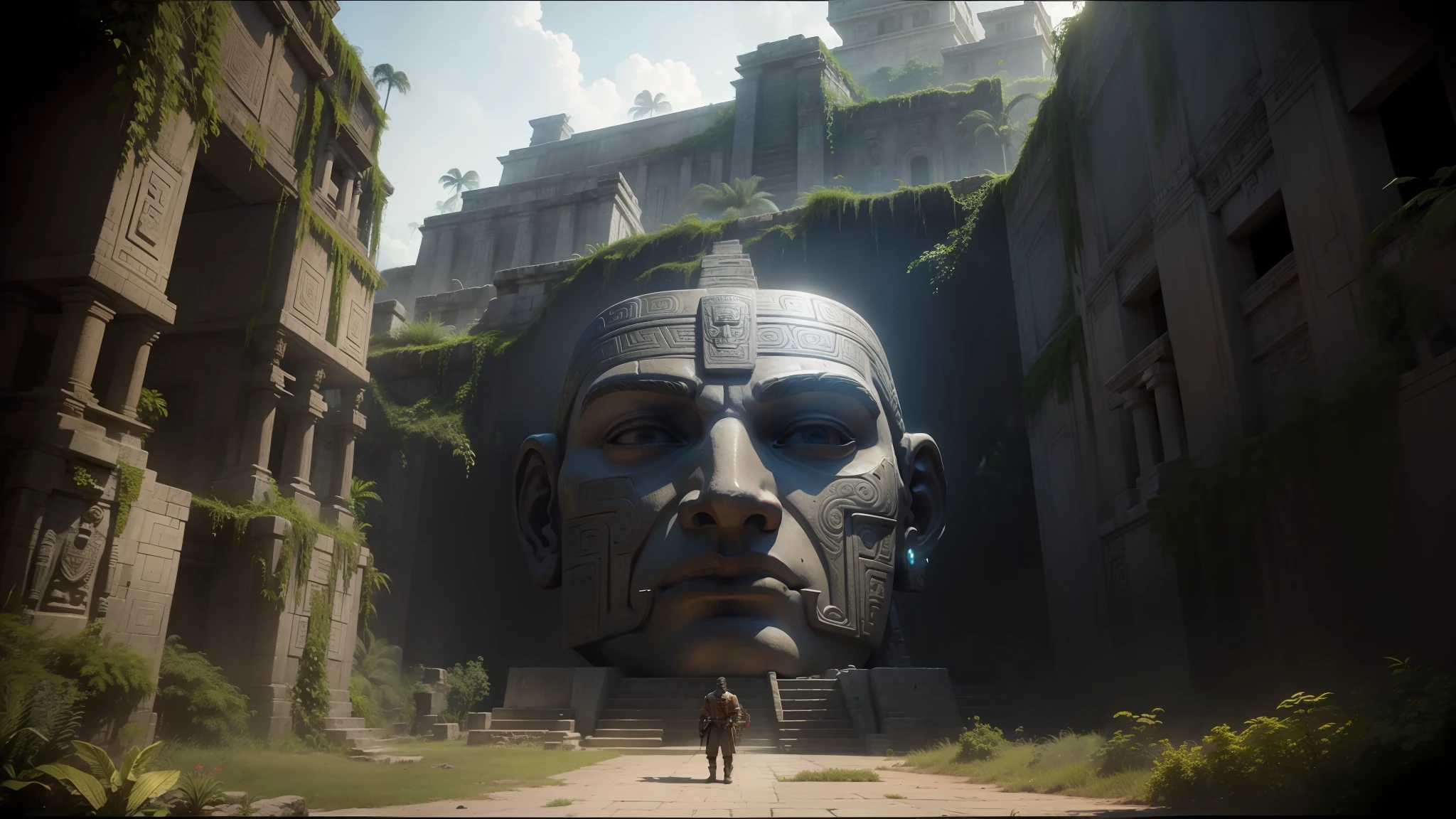 there is a statue of a man with a face in front of a building, movie still of aztec cyborg, in - game screen shot, large temples, mayan temple in the jungle, promotional movie poster, psytrance, face shown, shot on anamorphic lenses, playable trailer