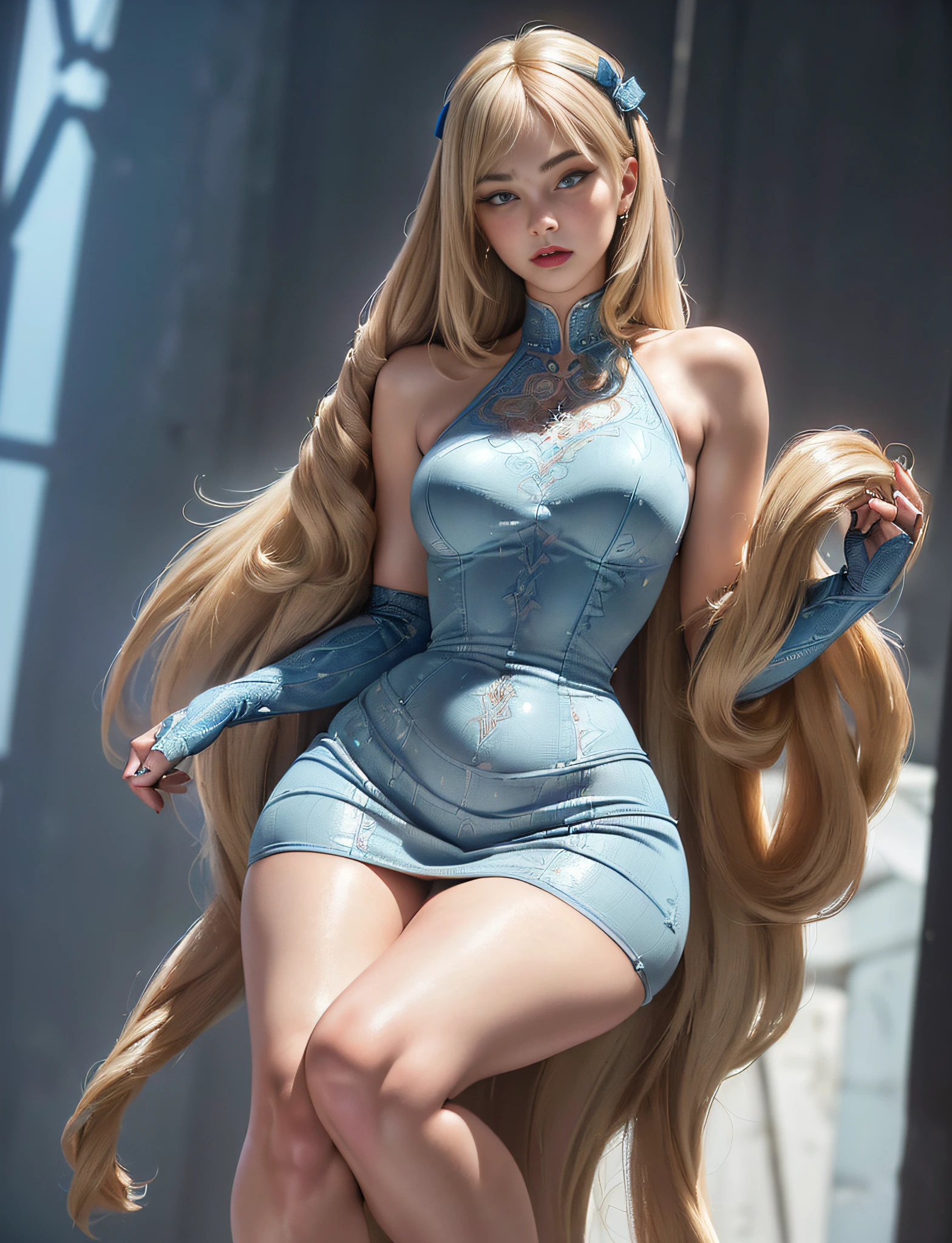 very detailed RAW color photo, (((1 girl))), (((alone))), (((30 years))), (((athletic)), (((very detailed perfect body))), (((small and defined breasts))), (((ultra defined curves))), (((superior quality, 8k, masterpiece: 1.3)), sharp focus: 1.2, (((extremely beautiful girl with perfect figure: 1.4))), ((very thin waist: 1.2)), ultra detailed skin texture, ((smooth and soft skin)), ultra detailed fabric texture,  Extremely beautiful face ultra detailed, (((extremely beautiful))), intricate details, ultra detailed, ((girl wearing a very short piece dress))), (((straight blonde hair))), extremely beautiful, (((extra long mane with bangs))), (hair on the face), ((hair ribbon)), dynamic pose, ((the dress leaves the thighs exposed)), ((ultra detailed legs)), (((ultra detailed waist))), (((very wide hips))), (((very thick thighs))),  (sexy), (((extreme hourglass figure))), (((very thick heart lips))), ((red lipstick)), ultra detailed lips, ultra detailed blue eyes, ((angry look)), (((staring at the viewer))), ultra detailed provocative mouth, extremely beautiful seductive lips, ((blushing)), (makeup), (((ultra defined waist))), eye shadow, (full body shot), (military boots)