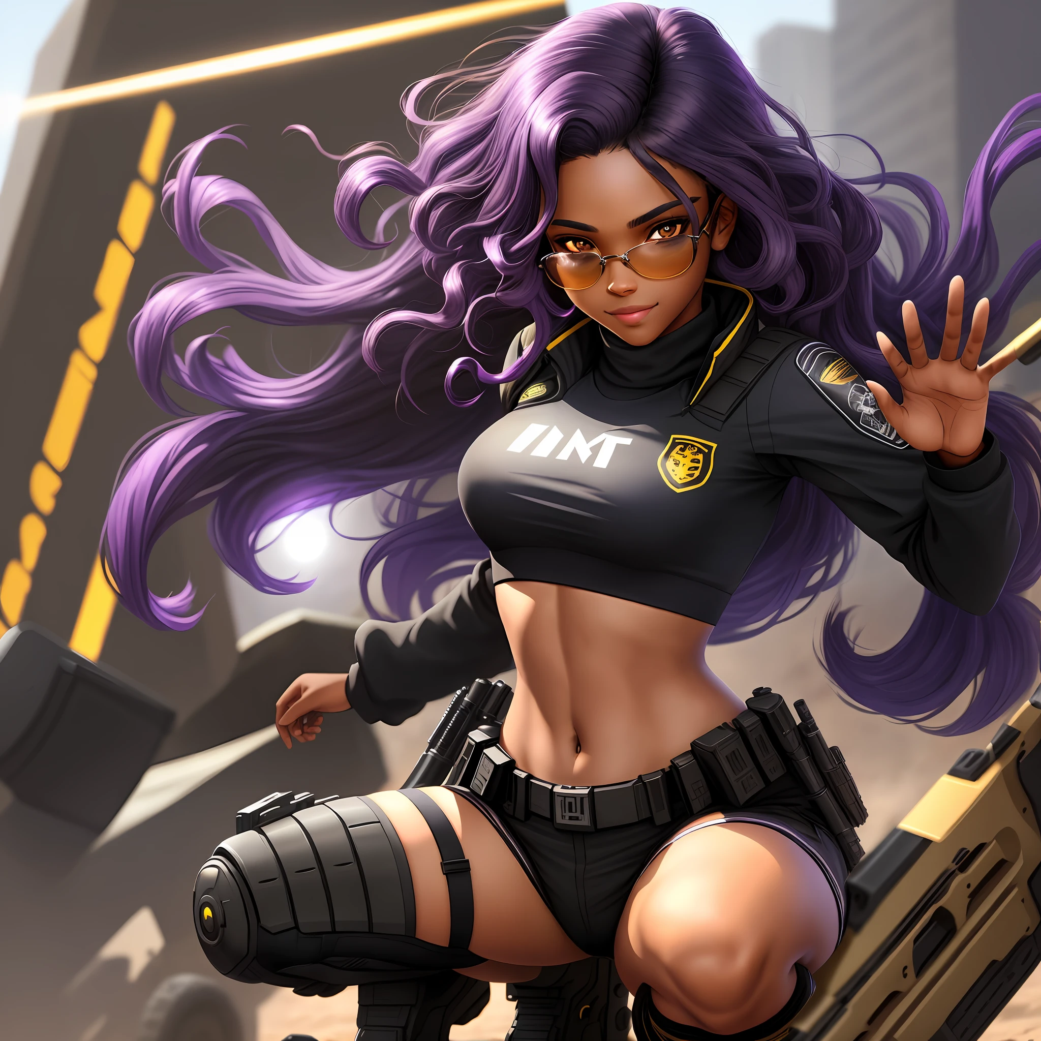 A cute girl with brown skin, sexy body, wavy purple hair [with shades of black], golden eyes ( bright ), ultra realistic eyes, with a pistol, crouching, smile, with sniper outfit, Valorant Riot game, round face, realistic lighting, Radiosity, Close UP.