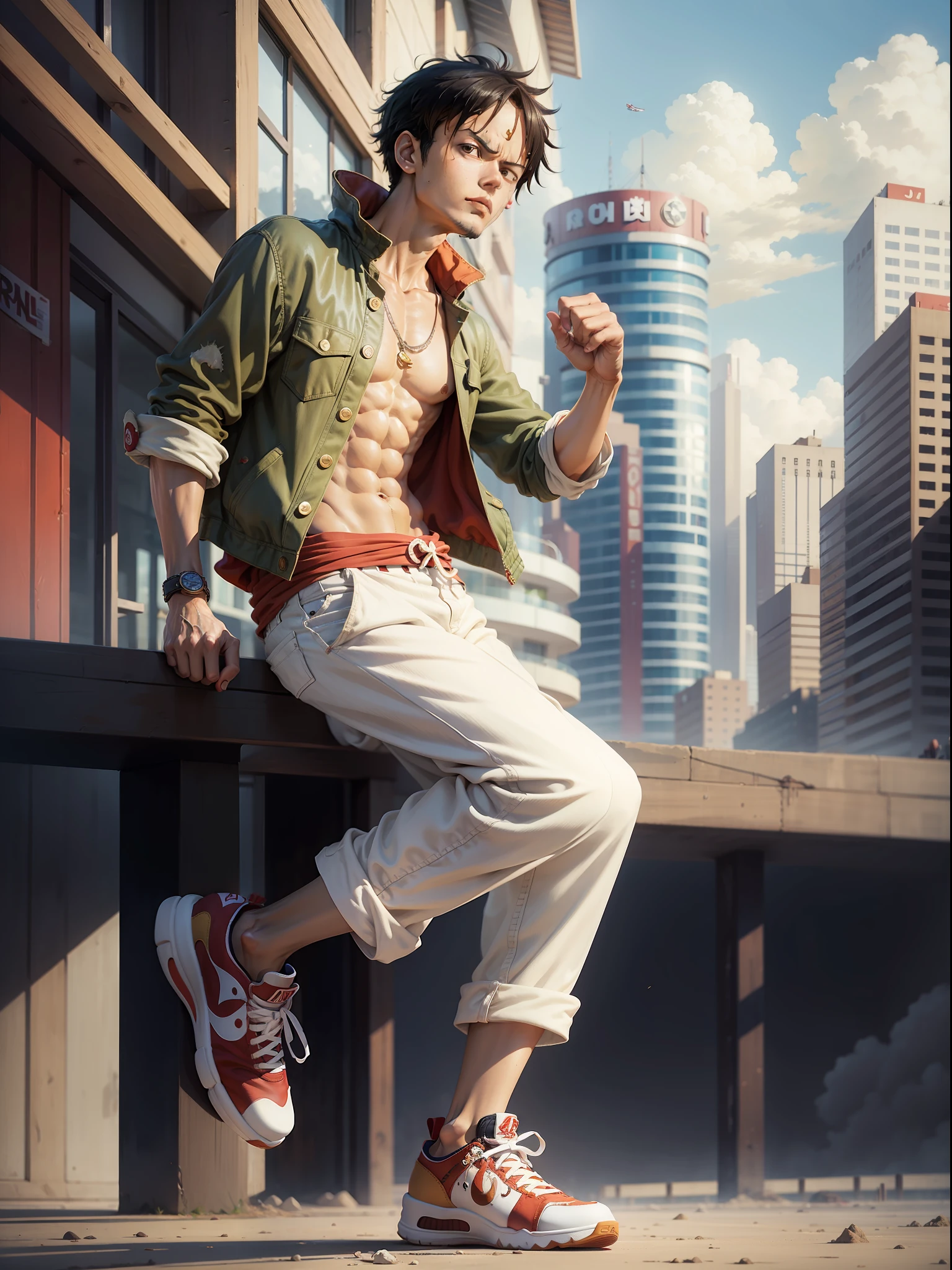 Masterpiece, Best Quality, Realistic, ung guy, Luffy (One Piece), he is dressed in casual clothes, oversized clothes, full body, in Air Jordan shoes, dynamic pose, city