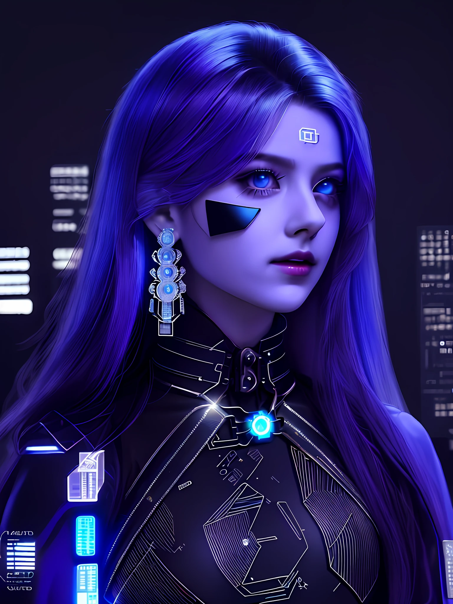 The hacker girl character is dressed in a black tight-fitting suit with metal decorations and geometric pattern details, showing a sense of futuristic technology. Her one-piece comes with some built-in devices and instruments to help her hack in the network.
Her hairstyle is very cool, probably shaving one side of her hair and leaving long, sharp metal ends on the other. The hair color can be bright purple or blue, which contrasts with the black clothing.
This hacker girl character has a mechanical eye that partially glows and emits a faint blue or green glow. This mechanical eye gives her superhuman vision and computing skills in the digital world.
She may have tattoos on her arms and legs, which can be intricate geometric lines, circuit patterns or abstract futuristic elements that add mystery and technology to her.
In addition, she can wear some cyber-inspired accessories such as earrings, necklaces, or wristbands, which can be metallic, geometrically patterned, or with a glowing effect.