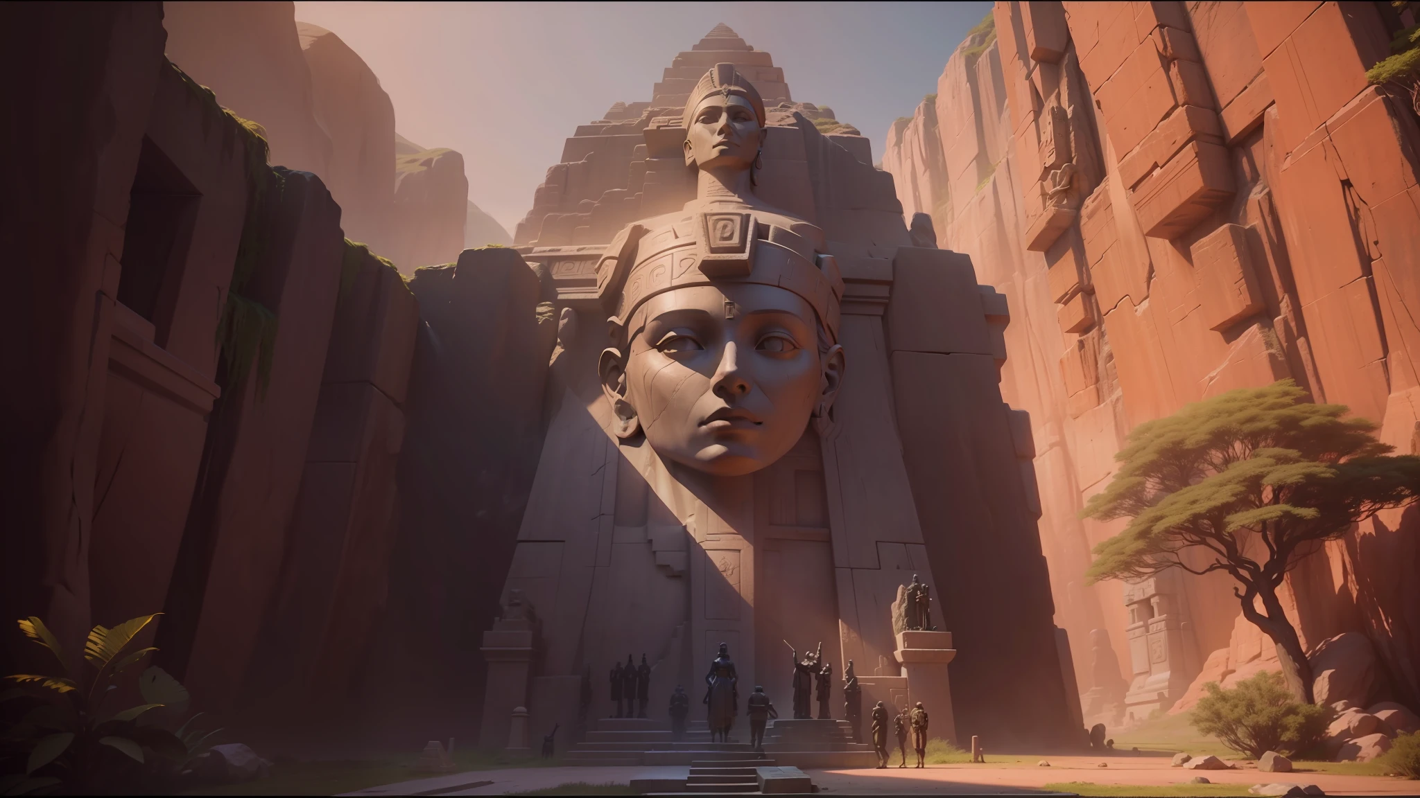 arafed statue of a woman in a dark cave, still frame from prometheus, exterior of scifi temple, pyramid surrounded with greenery, by Michael James Smith, tomb raider (2018), still from a music video, orientalist, before dawn, 3 d houdini, mayan, 2077, matte art, 8 k artistic lithography