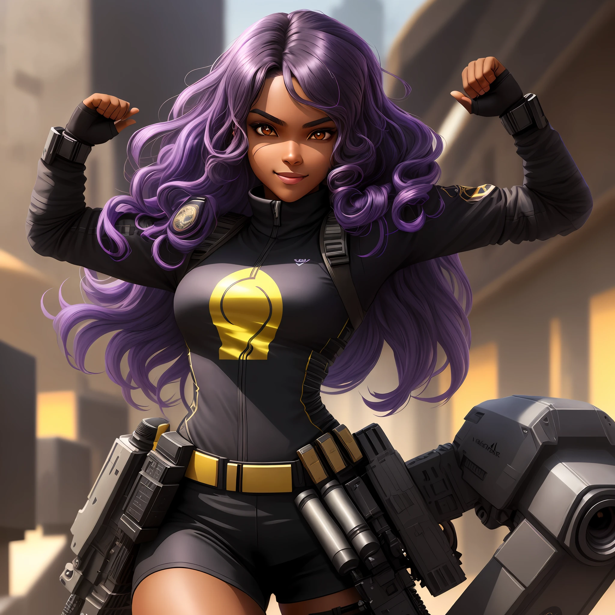 A cute girl with brown skin, sexy body, wavy purple hair [with shades of black], golden eyes ( bright ), ultra realistic eyes, with a pistol, crouching, smile, with sniper outfit, Valorant Riot game, round face, realistic lighting, Radiosity, Close UP.