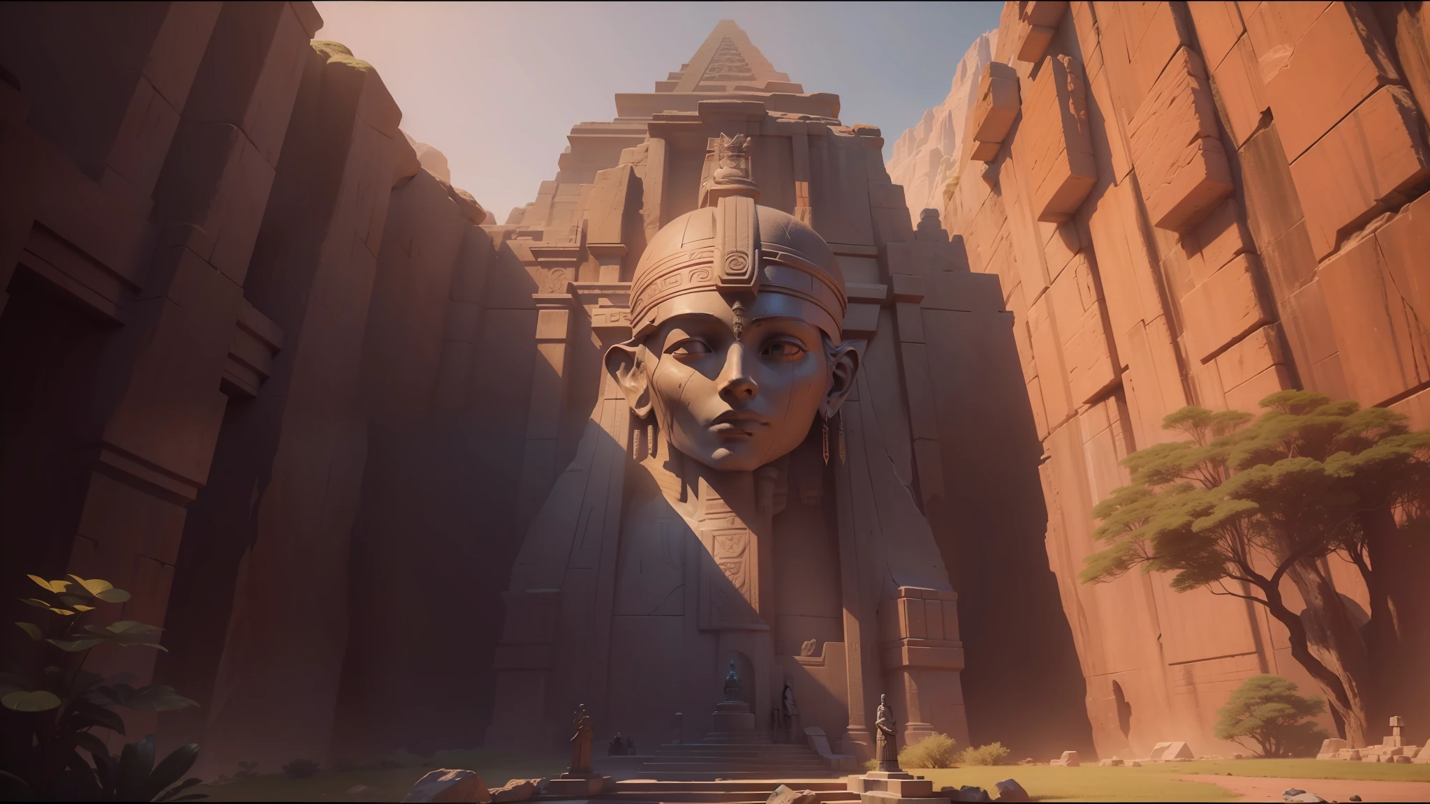 arafed statue of a woman in a dark cave, still frame from prometheus, exterior of scifi temple, pyramid surrounded with greenery, by Michael James Smith, tomb raider (2018), still from a music video, orientalist, before dawn, 3 d houdini, mayan, 2077, matte art, 8 k artistic lithography