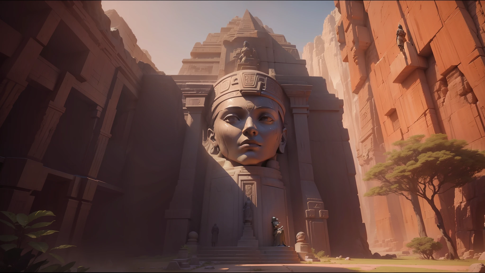 arafed statue of a woman in a dark cave, still frame from prometheus, exterior of scifi temple, pyramid surrounded with greenery, by Michael James Smith, tomb raider (2018), still from a music video, orientalist, before dawn, 3 d houdini, mayan, 2077, matte art, 8 k artistic lithography