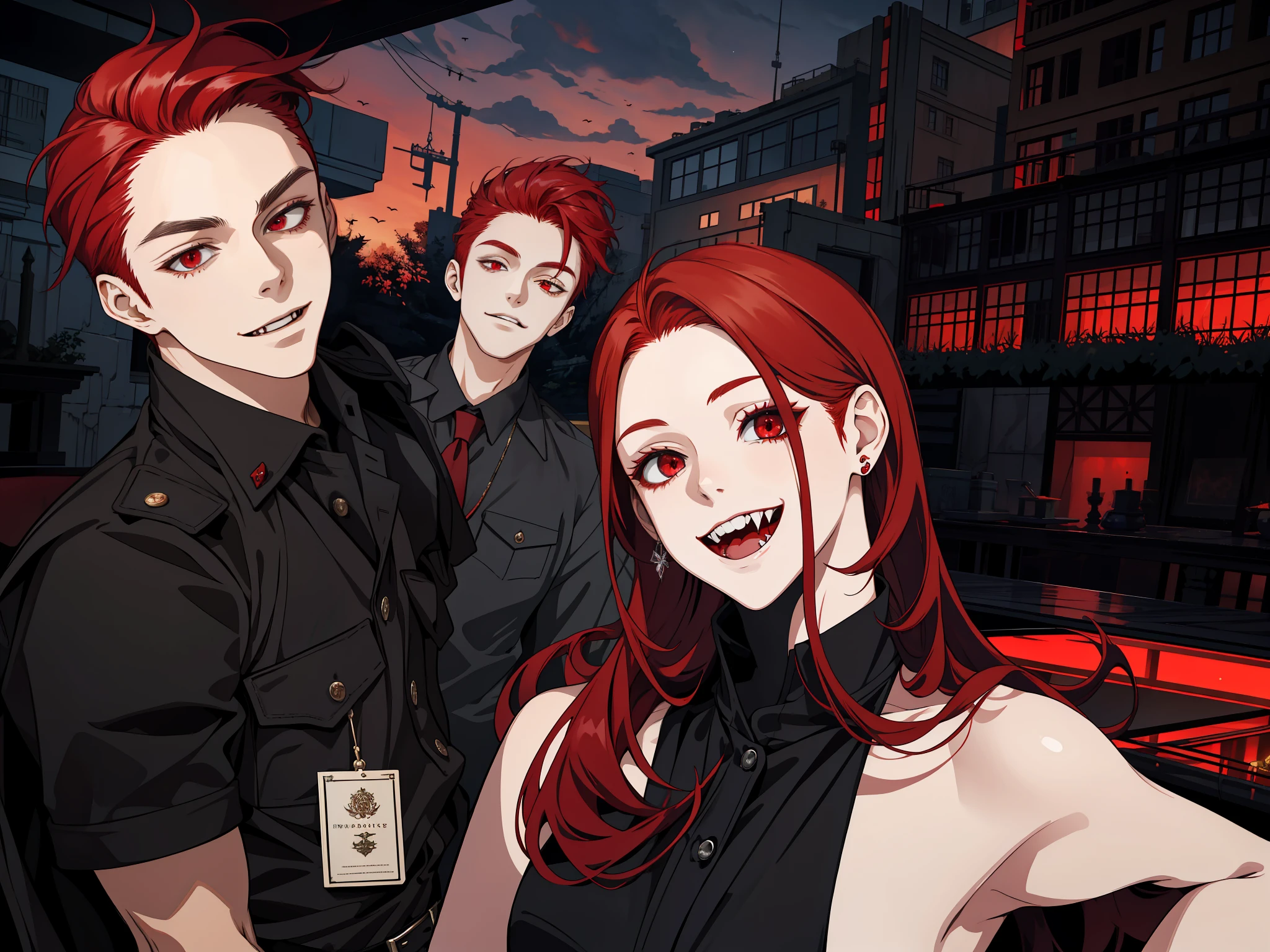 masterpiece, best quality, highres, 1girl, solo, modern vanpire, red hair, long hair, open hair, red eyes, evil smile, 2 young boys on her both sides, both vampires with red hair, black and black outfit, scary background