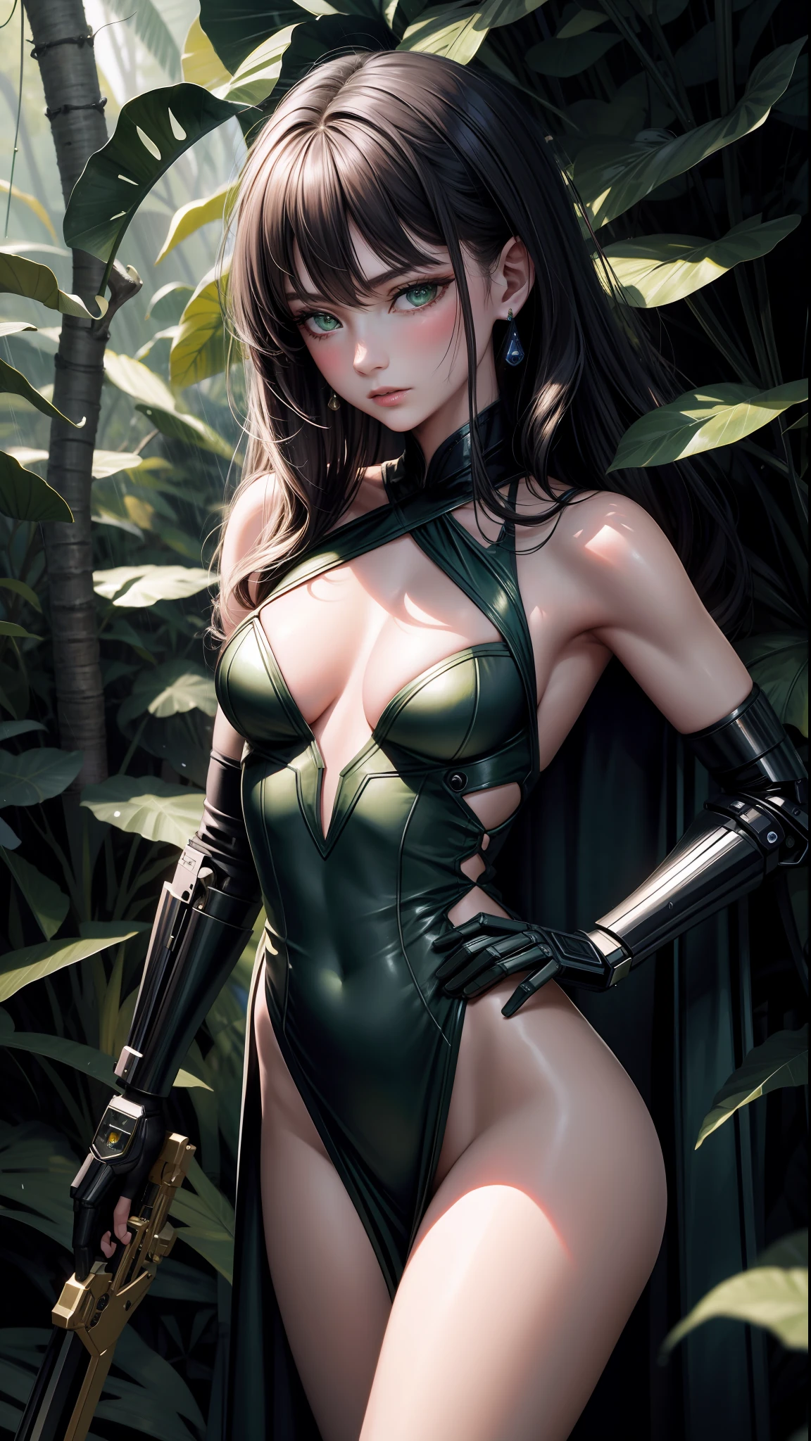 Best Quality, Masterpiece, High Detail, Realistic, High Definition, a beautiful girl, green eyes, small chest, wearing a robotic dress, weapons wearing, ninja style, sexy bare shoulder, unconcerned, NSFW, cleavage, mouth wide open, shy, blush, in the jungle, rain forest, mid-short,