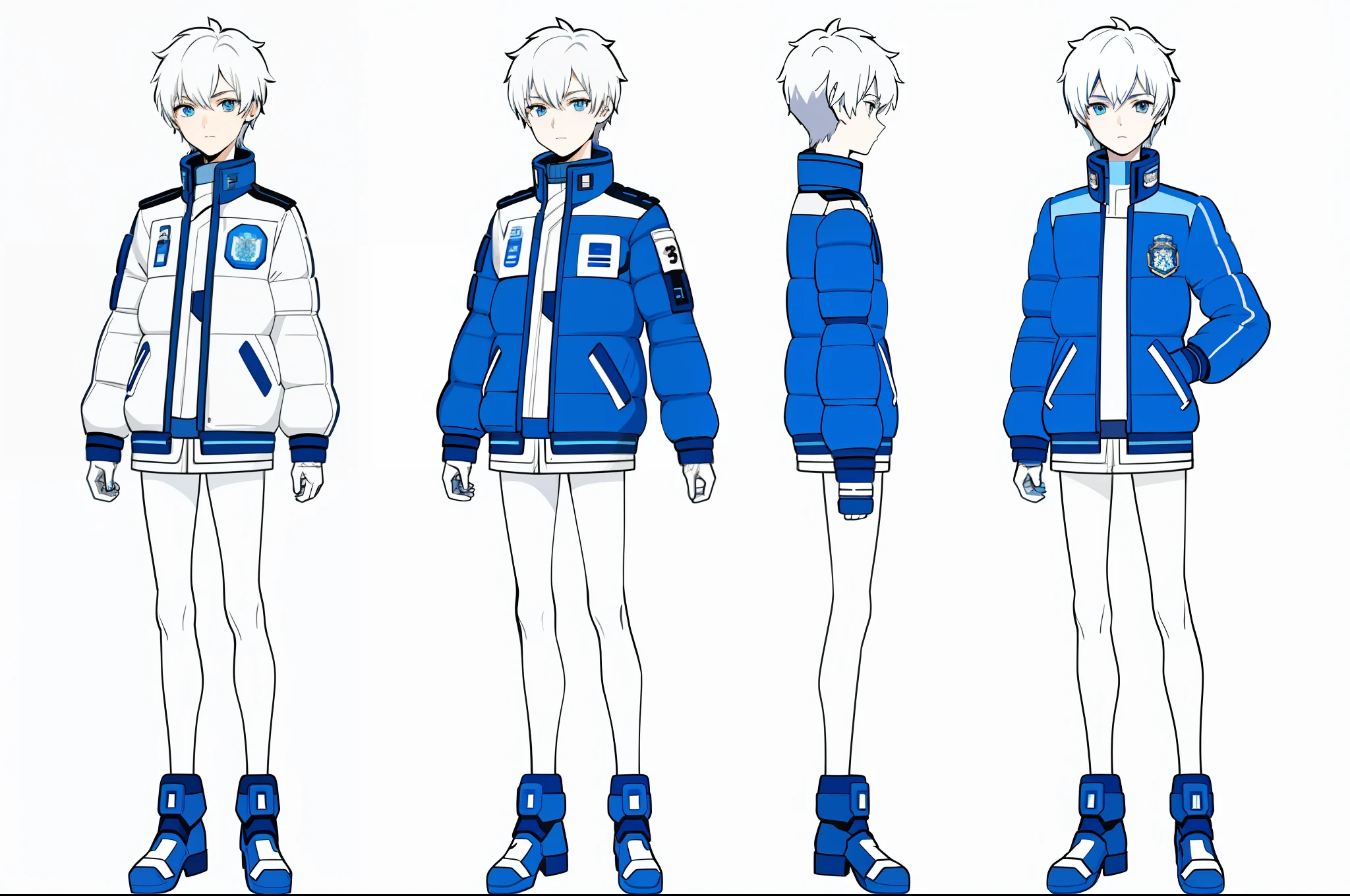 short hair with blue eyes, a science fiction style young teenage boy, cute face, 180 centimetres tall, wearing blue galaxy jacket with cool pattern, wearing future style accessories, drawing character sheet, full body, same character at 3 angles,(simple background, white background:1.3),