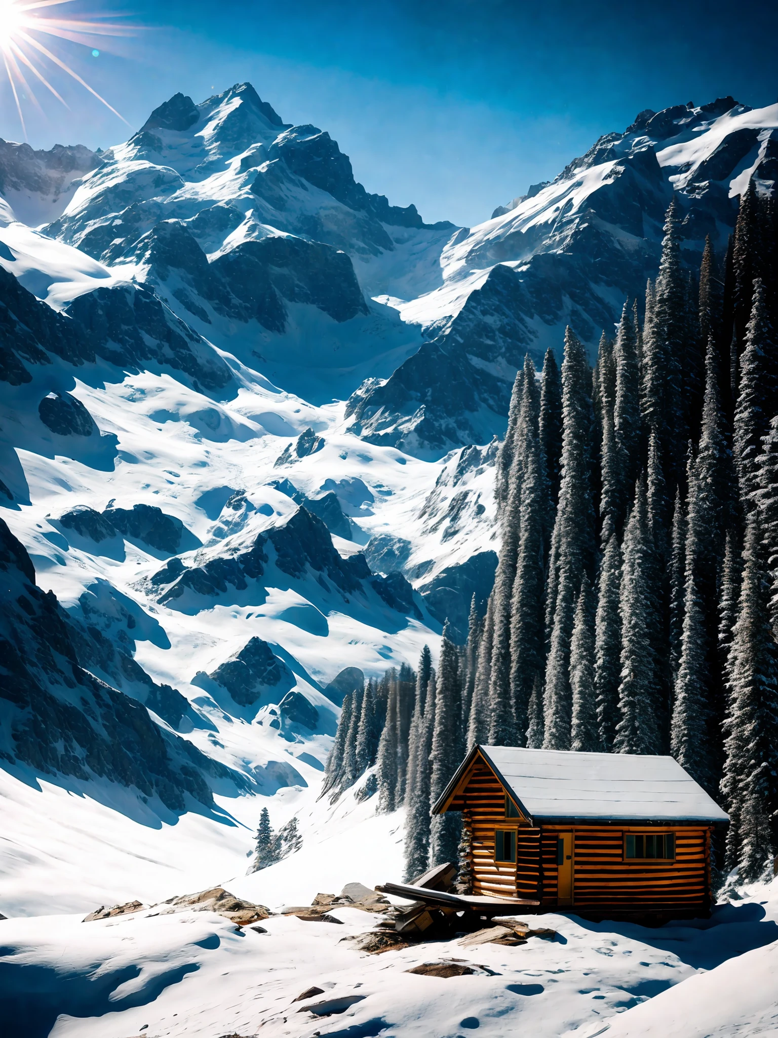 ChromaV5, nvinkpunk, masterpiece, best quality, high quality, extremely detailed realistic 8k wallpaper,landscape with texture ,Landscape photo of the Alps mountains, Austria, award winning photography, bloom, Photorealistic, extremely detailed, trending on artstation, trending on CGsociety, Intricate, High Detail, dramatic, carpathian mountains, ((blizzard)), ((snowy)), log hut, campfire