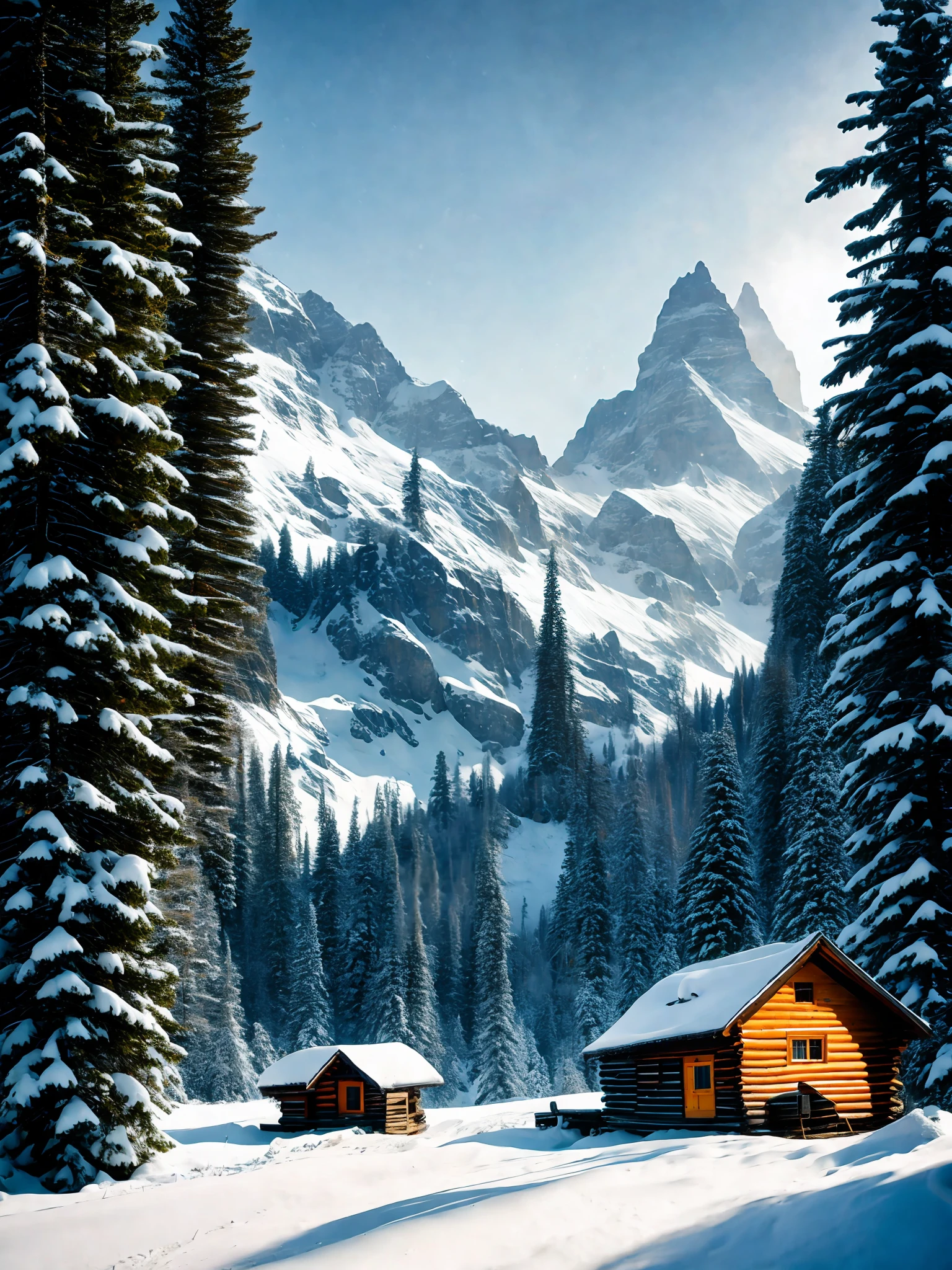 ChromaV5, nvinkpunk, masterpiece, best quality, high quality, extremely detailed realistic 8k wallpaper,landscape with texture ,Landscape photo of the Alps mountains, Austria, award winning photography, bloom, Photorealistic, extremely detailed, trending on artstation, trending on CGsociety, Intricate, High Detail, dramatic, carpathian mountains, ((blizzard)), ((snowy)), log hut, campfire