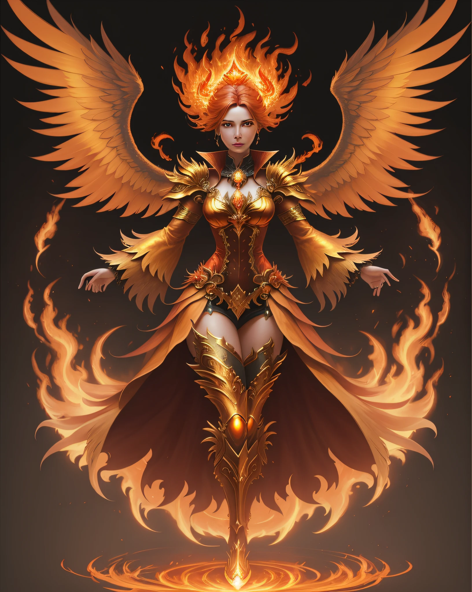 a close up of a woman with a fire and flames on her body, with fiery golden wings of flame, with fiery golden wings, epic fantasy art style, concept art | artgerm, phoenix warrior, extremely detailed artgerm, epic fantasy digital art style, female lord of change, full portrait of elementalist, epic exquisite character art