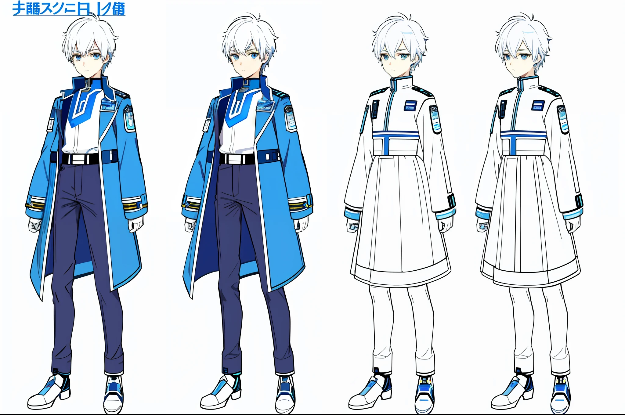 short hair with blue eyes, a science fiction style young teenage boy, cute face, 180 centimetres tall, wearing blue made of shining galaxy jacket with cool pattern, wearing future style accessories, drawing character sheet, full body, same character at 3 angles,(simple background, white background:1.3),