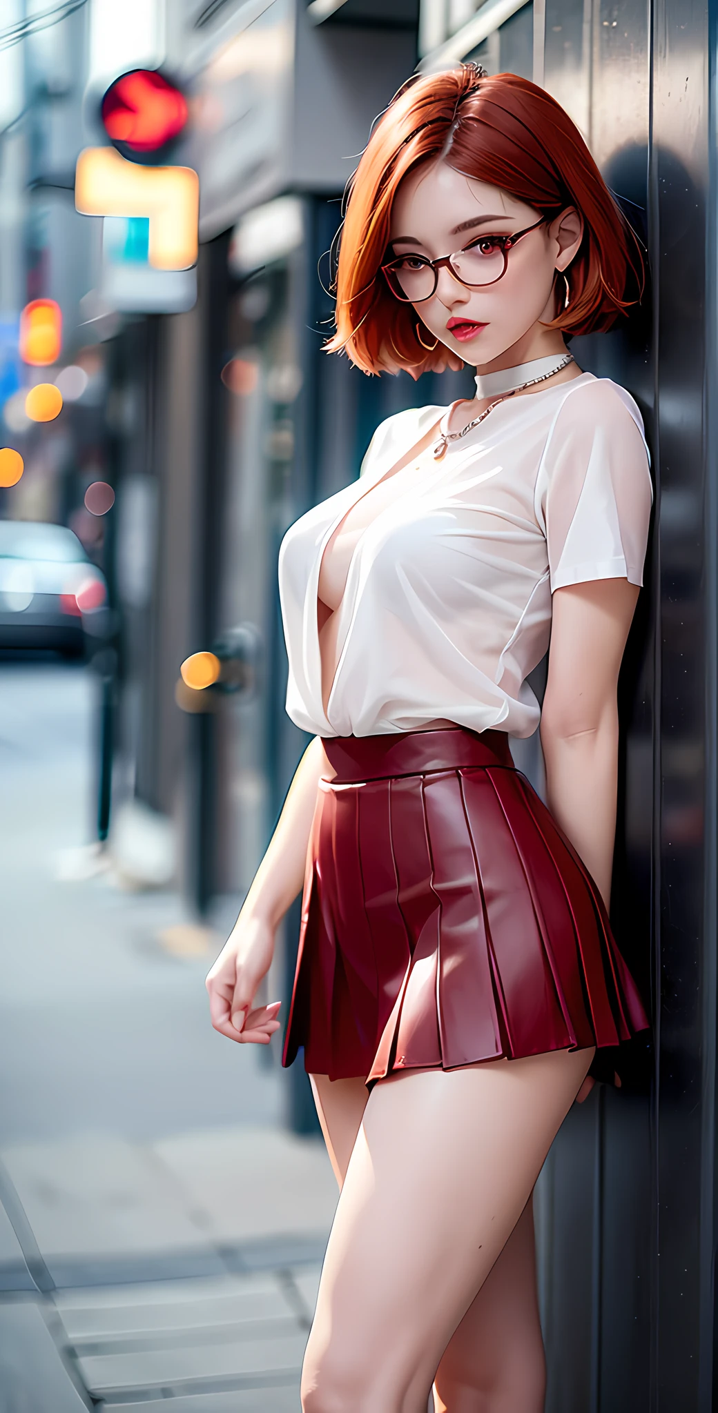 Bob short orange hair, (RAW photo, realism: 1.8), (very red lip gloss, jet red lipstick, lots of eyelashes, dark black eyeshadow, shy, blush, high quality, high resolution, depth of field, chromatic aberration, caustic, wide light, natural colors, Japanese, woman in her 30s), necklaces, chokers, earrings, bracelets, wearing many accessories, soft breasts, style A nice woman, mini pleated skirt, tight transparent white shirt, , full body, beautiful skin, beautiful legs, lots of exposure, the body line is very sexy, the body that looks delicious, the lips that make you want to kiss, hot sunny day street, the pose that invites you to be sexy, the open crotch, the visible pubic area, the close-up pubic area, glasses, glasses, full body, standing, natural pose, wind fly skirt, leggings, thin and sexy legs, school girl, innocent, full body, upshot, downshot, close, cute, acting, action pose, jumping, naked