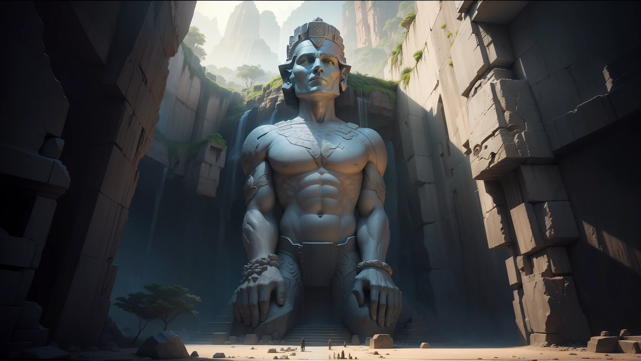 there is a large stone statue in the middle of a narrow canyon, film still promotional image, freddy mamani silvestre facade, source engine footage, large temples, face shown, inspired by Clint Cearley, with several broken statues, screengrab, tombs, iron helmet, roger deakin’s cinematography, indian forest, by Chris LaBrooy, 2 0 1 4