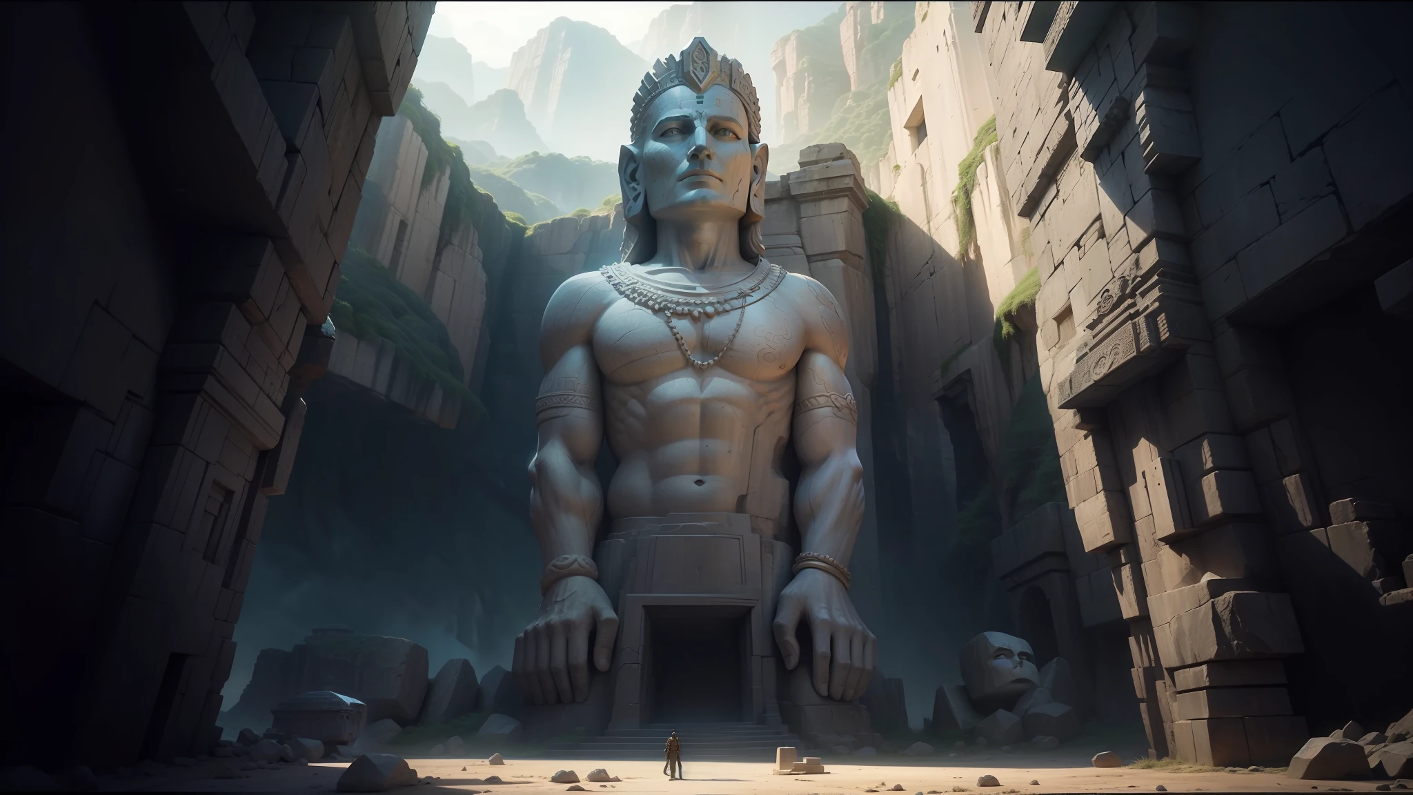 there is a large stone statue in the middle of a narrow canyon, film still promotional image, freddy mamani silvestre facade, source engine footage, large temples, face shown, inspired by Clint Cearley, with several broken statues, screengrab, tombs, iron helmet, roger deakin’s cinematography, indian forest, by Chris LaBrooy, 2 0 1 4