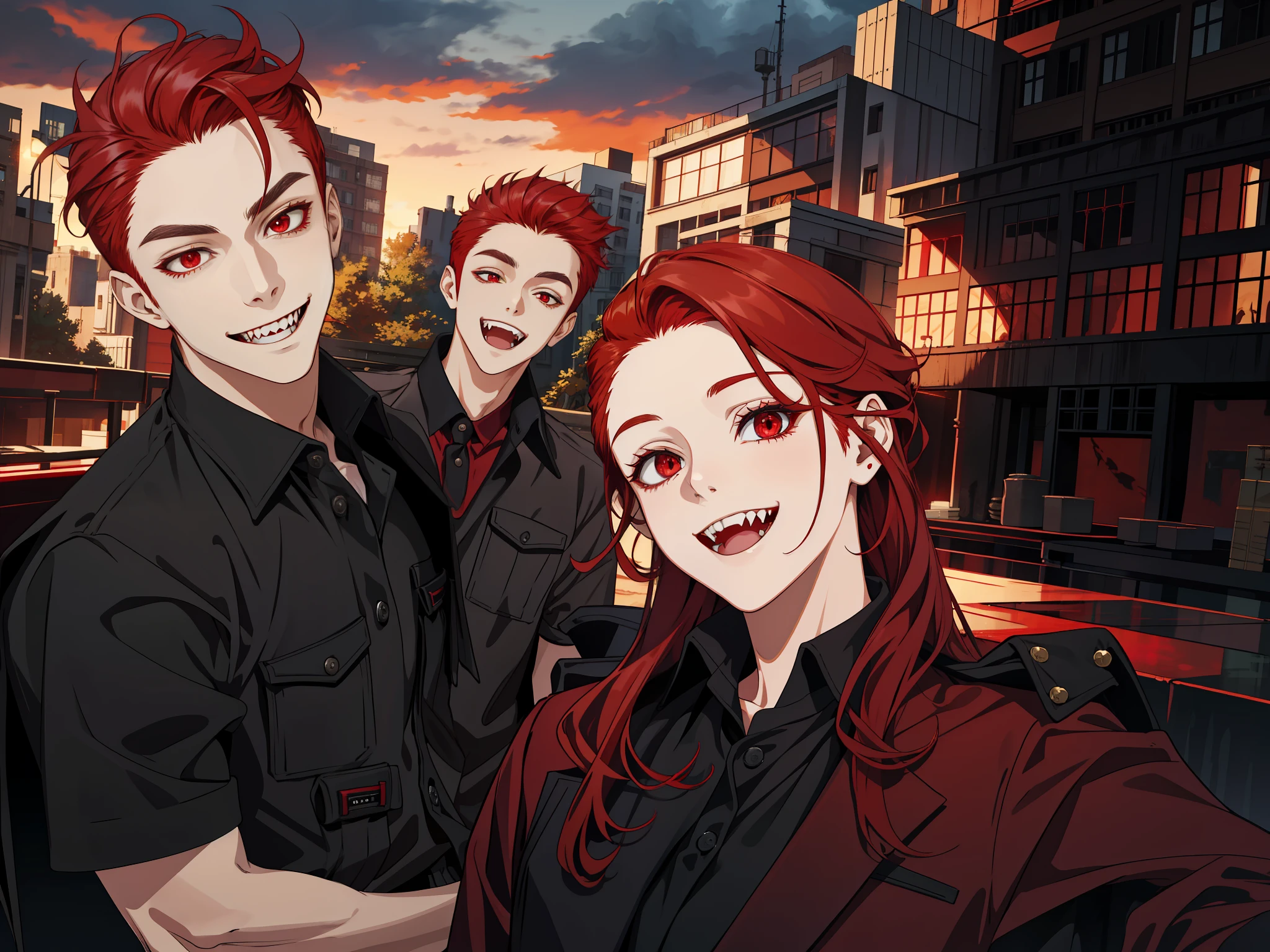 masterpiece, best quality, highres, 1girl, solo, modern vanpire, fangs, red hair, long hair, open hair, red eyes, evil smile, 2 young boys on her both sides, both vampires with red hair, black and black outfit, scary background