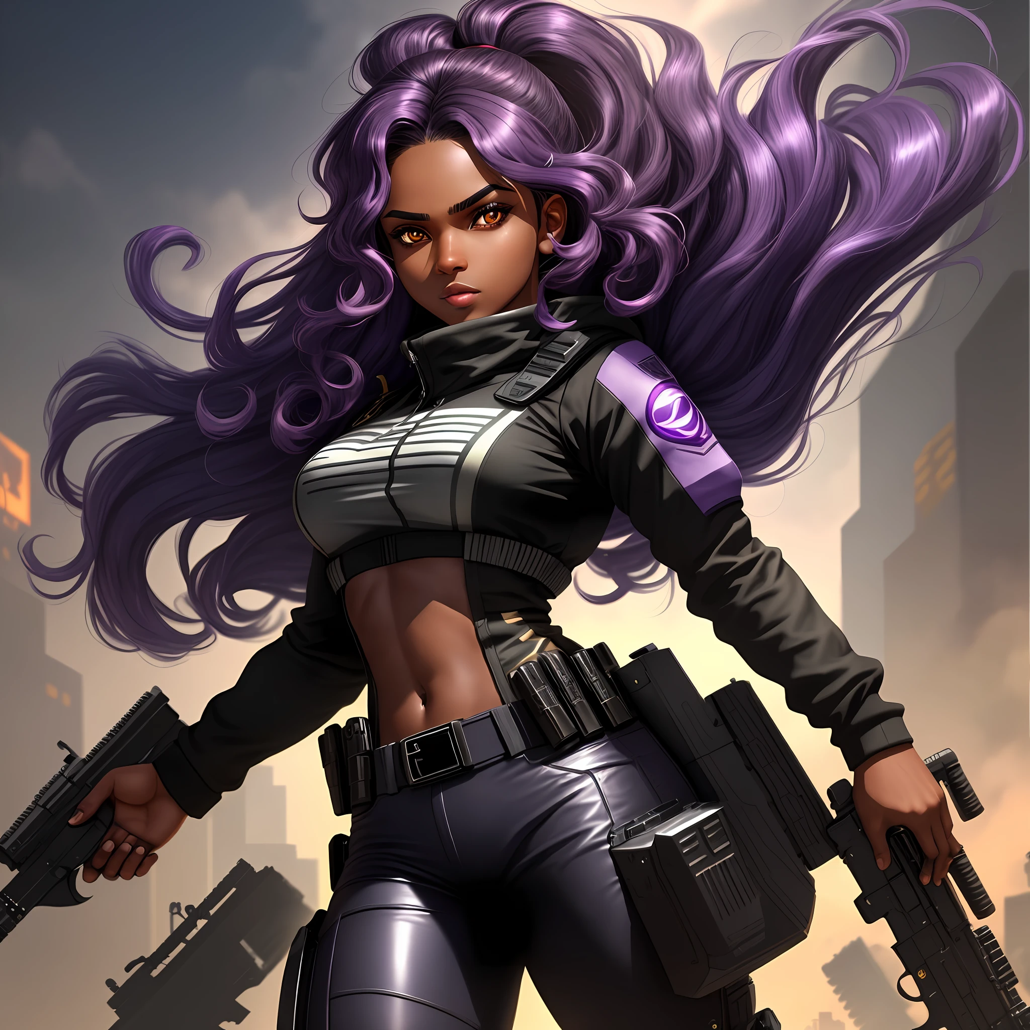 A cute girl with brown skin, sexy body, wavy purple hair [with shades of black], golden eyes (shiny), ultra realistic eyes, with a pistol, jumping, with sniper outfit, Valorant Riot game, round face, realistic lighting, Radiosity, Close UP.