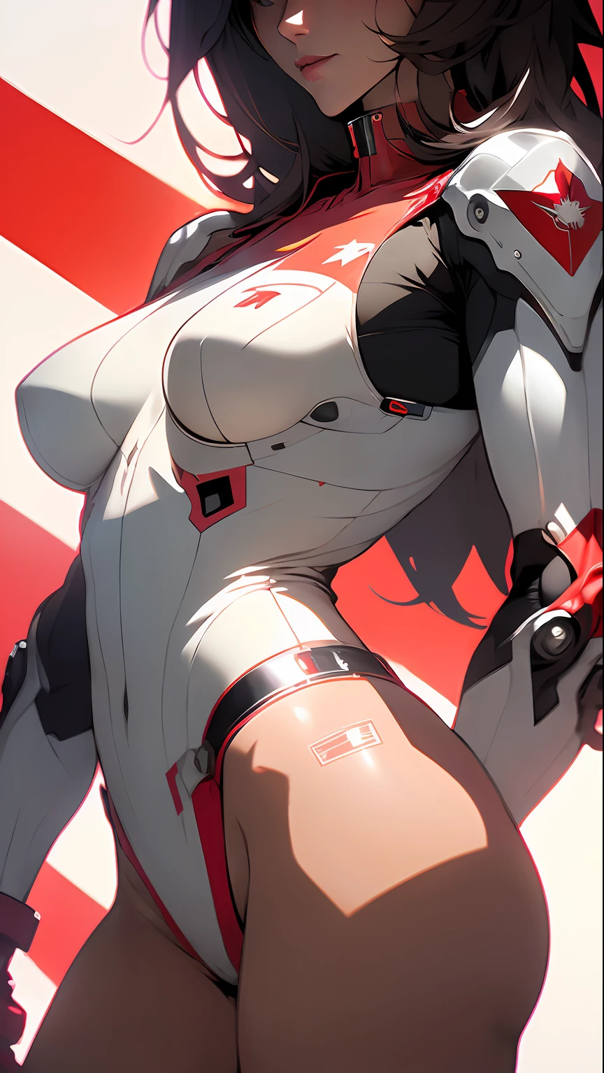 ((Best quality)), ((masterpiece)), (detailed: 1.4), Robot pilot woman muscular body defined, Neon evangelion style, half thick  thighs, closed mouth, only , muscular body parts covered by technological clothing, (((large )) perfect, generous neckline, (((red and white clothing)), Canada, pastel, (((stainless steel mechanical arm))), airplane wings on the back, super short black hair,  short , garter belt, by mucha, niji --V5, close to real, best quality, , psychopathic, crazy face,  pose, background with falling leaves, 2 pieces clothing, sheet drawings symbol of Canada, cyberpunk, dark red  with white sheet, (((clothes with the colors of the flag of Canada)))), pointed shoulder pads, green eyes without pupils,  HDR (High Dynamic Range),Ray Tracing,NVIDIA RTX,Super-Resolution,Unreal 5,Subsurface Dispersion, PBR Texture, Post-processing, Anisotropic filtering, Depth of field, Maximum clarity and sharpness, Multilayer textures, Albedo and specular maps, Surface shading, Accurate simulation of light-material interaction, Perfect proportions, Octane Render, Two-tone lighting, Wide aperture, Low ISO, White balance, Rule of thirds,  8K RAW, crysisnanosuit