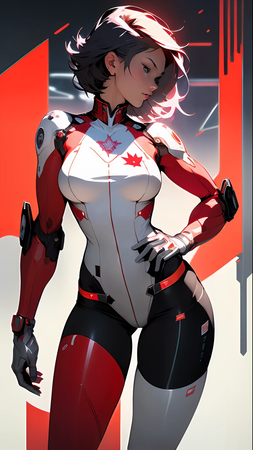 ((Best quality)), ((masterpiece)), (detailed: 1.4), Robot pilot woman muscular body defined, Neon evangelion style, half thick naked thighs, closed mouth, only panties, muscular body parts covered by technological clothing, (((large breasts)) perfect, generous neckline, (((red and white clothing)), Canada, pastel, (((stainless steel mechanical arm))), airplane wings on the back, super short black hair, short underwear, garter belt, by mucha, niji --V5, close to real, best quality, almost naked, psychopathic, crazy face, sexy pose, background with falling leaves, 2 pieces clothing, sheet drawings symbol of Canada, cyberpunk, dark red bra with white sheet, (((clothes with the colors of the flag of Canada)))), pointed shoulder pads, green eyes without pupils, HDR (High Dynamic Range),Ray Tracing,NVIDIA RTX,Super-Resolution,Unreal 5,Subsurface Dispersion, PBR Texture, Post-processing, Anisotropic filtering, Depth of field, Maximum clarity and sharpness, Multilayer textures, Albedo and specular maps, Surface shading, Accurate simulation of light-material interaction, Perfect proportions, Octane Render, Two-tone lighting, Wide aperture, Low ISO, White balance, Rule of thirds, 8K RAW, crysisnanosuit