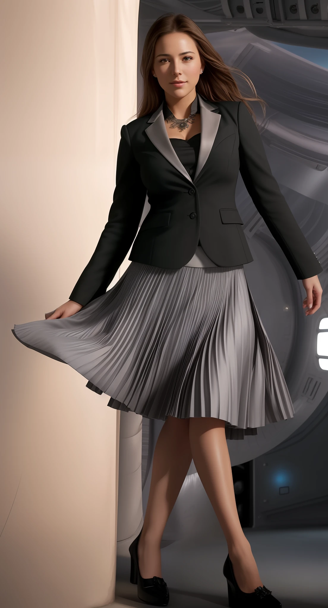 a therapist is playing with her skirt (in a flirting manner:1.3) while in a space station, (shy) authentic (kind and tender) lesbian woman wearing a short blazer with a very very detailed (long (fully pleated) full circle skirt) and (simple) low heeled office shoes, very very intricate hyper-detailed symmetric (attractive graceful young feminine face) with (sad, tired) eyes and a (flirty smile), full of empathy and compassion and love, (pronounced feminine features:1,3), big boobs, large breasts, shirtless, topless, (highly detailed ultra accurate realistic) hands and fingers, ((windy conditions and wind blowing)), epic composition, highly detailed attributes, highly detailed atmosphere, detailed background, intricate, Exquisite details and textures, highly detailed, deep space station secret operations active background,