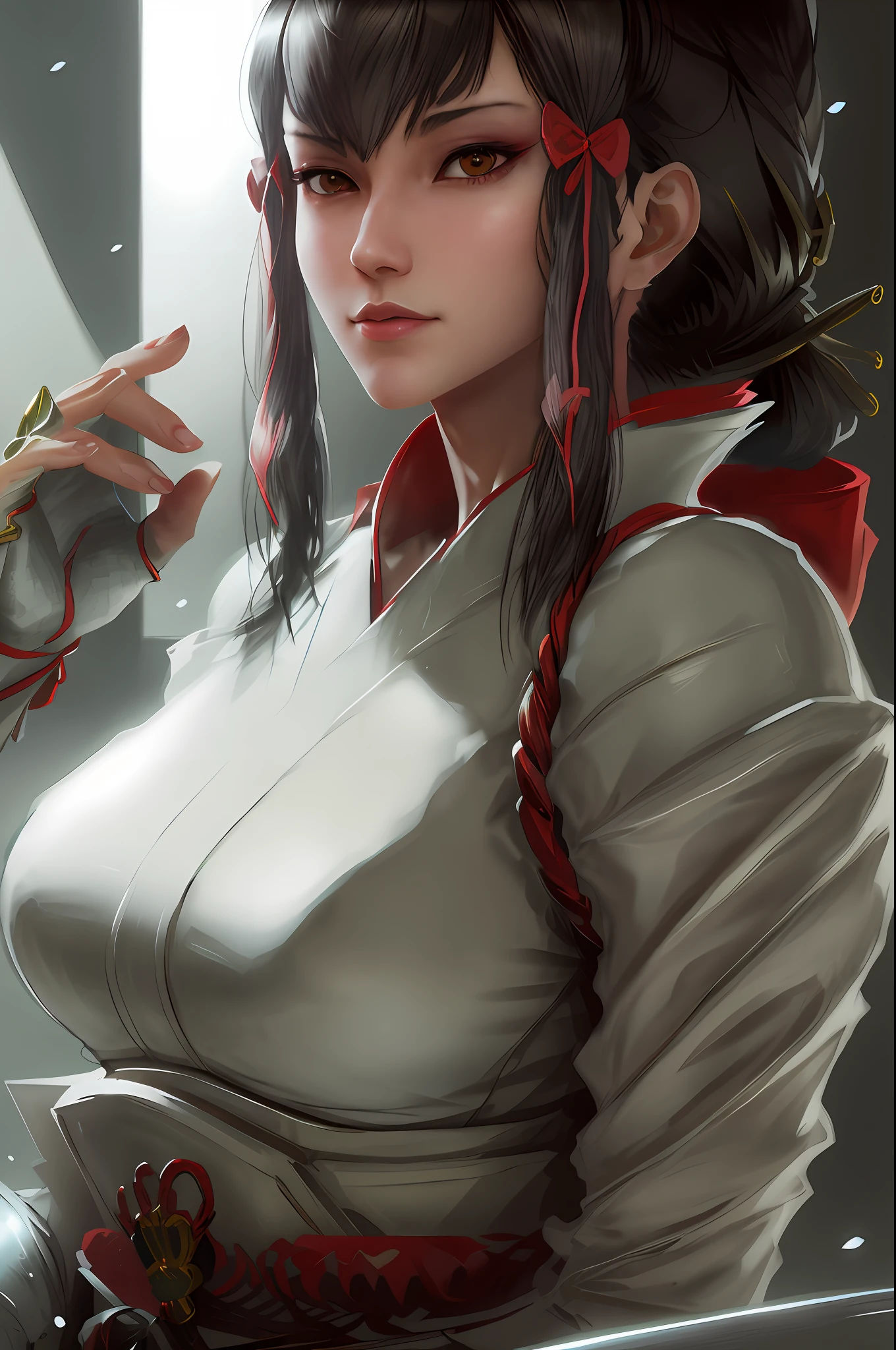 realistic close portrait of msmkazumi, breast. hot, sexy, (cleavage:1.05),dramatic lighting, illustration by Greg rutkowski, yoji shinkawa, 4k, digital art, concept art, trending on artstation