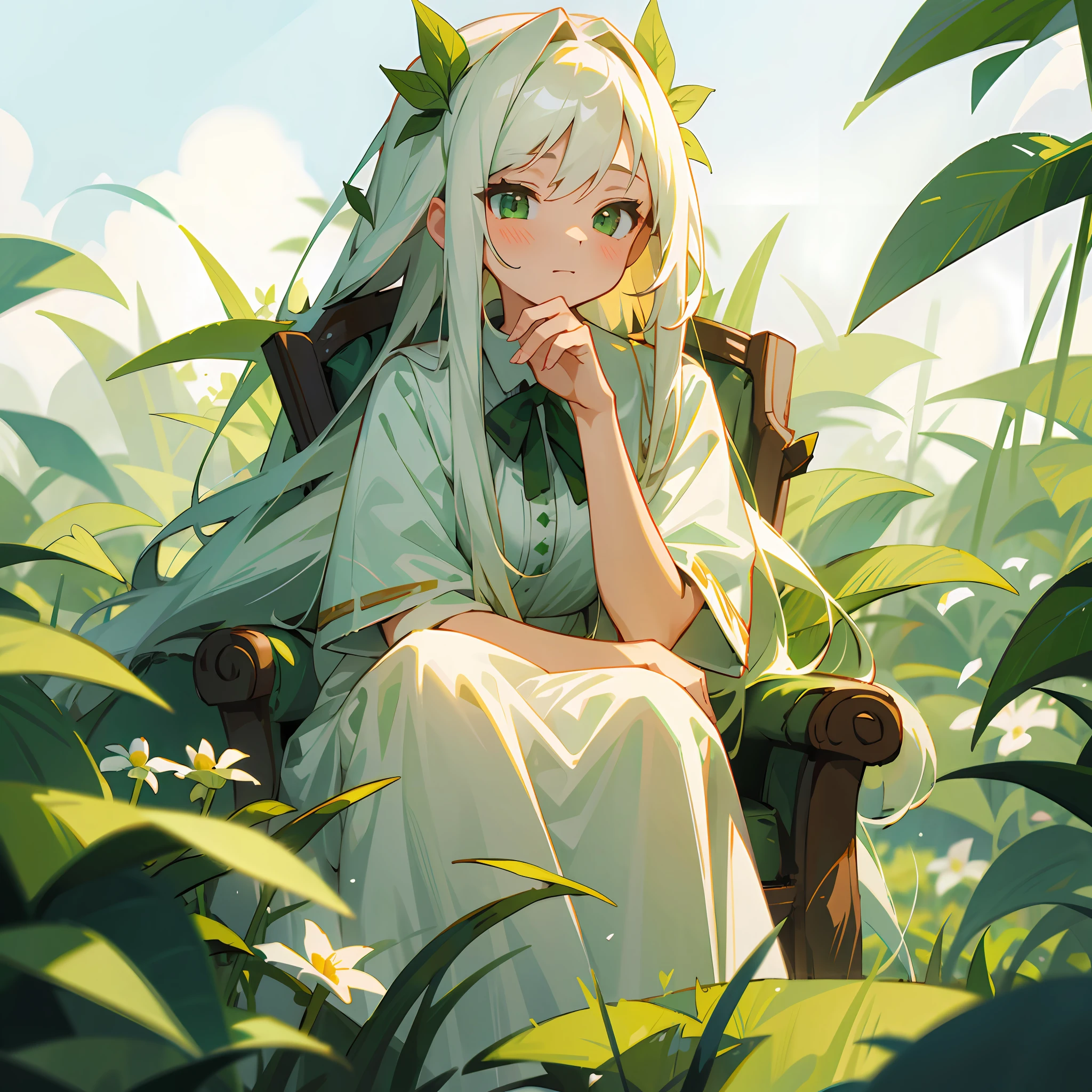 (masterpiece, best quality),1girl with long white hair sitting in a field of green plants and flowers, her hand under her chin, warm lighting, white dress, blurry foreground