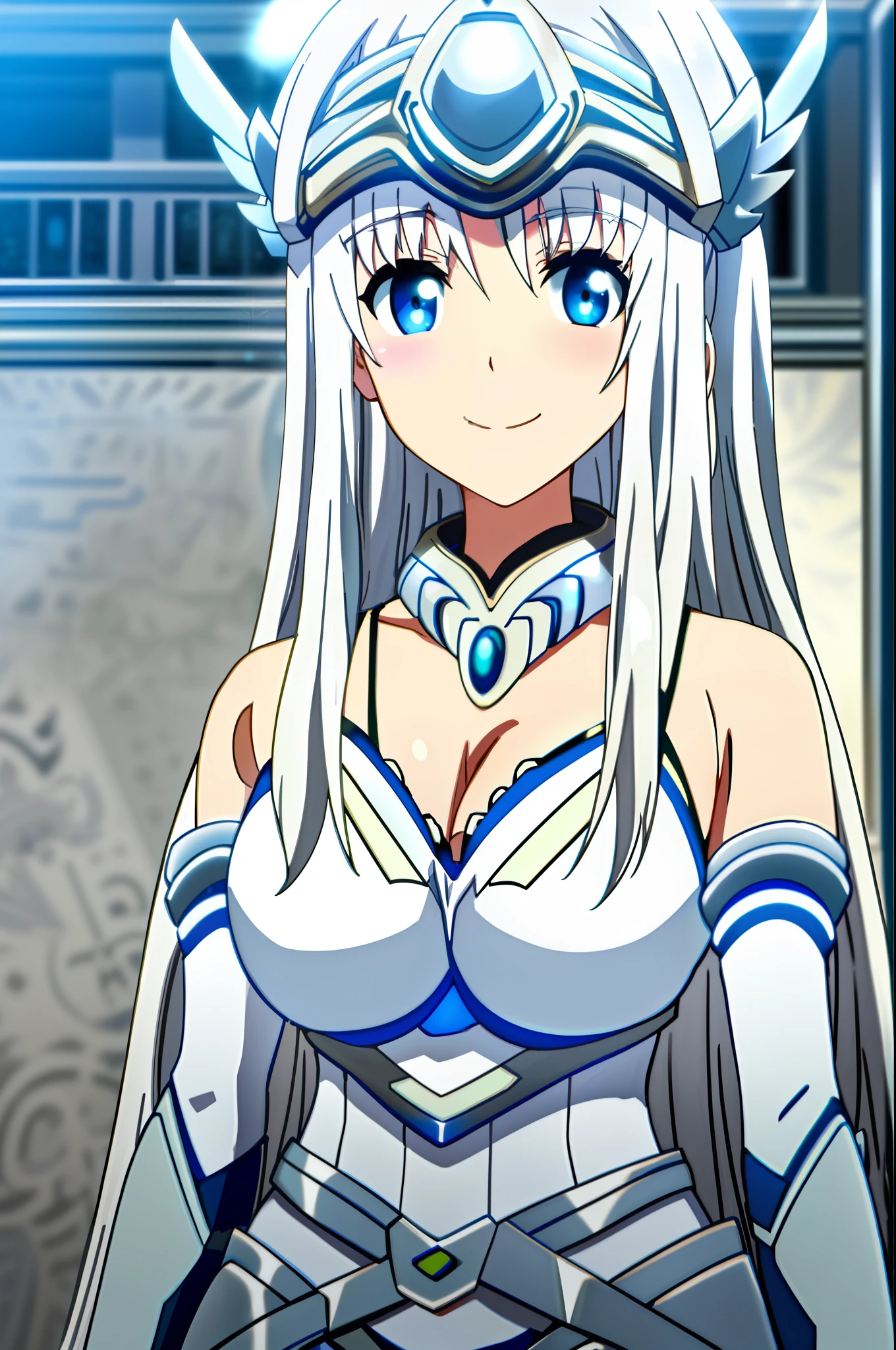 masterpiece, ((best quality)), anime art style, noint, ((long silver hair)), blue eyes, monotonous expression, ((calm smile)), ((large breasts)), sleeveless white dress, which has metal plates, covering both sides, of her waist, (winged helmet on her head), gauntlets on her arms and graves on her legs, ((full body))