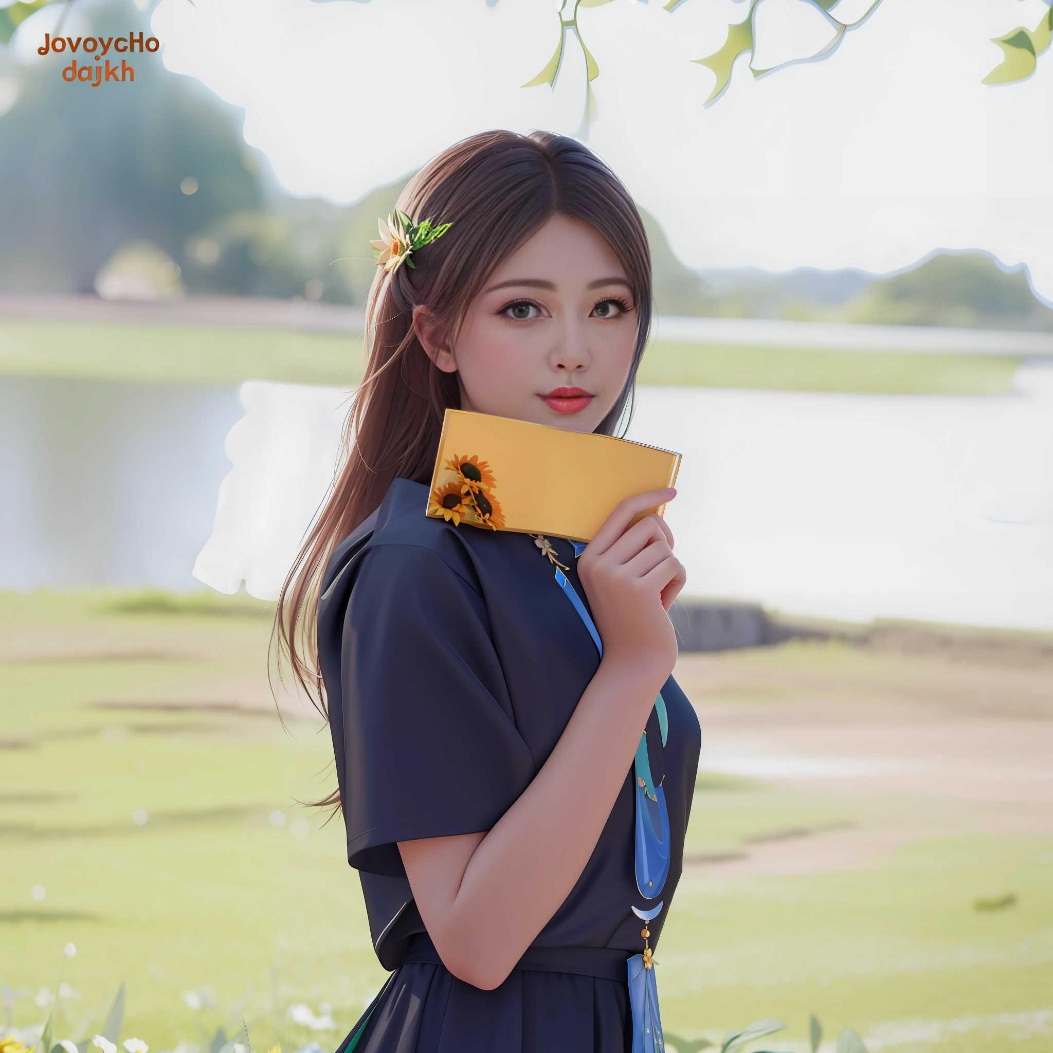 best quality, masterpiece, highres, 1girl,blush,(seductive smile:0.8),star-shaped pupils,necklace, jewelry,Beautiful face,upon_body, tyndall effect,photorealistic, dark studio, rim lighting, two tone lighting,(high detailed skin:1.2), 8k uhd, dslr, soft lighting, high quality, volumetric lighting, candid, Photograph, high resolution, 4k, 8k, Bokeh,sunflower,not sexy dress,white and green uniform