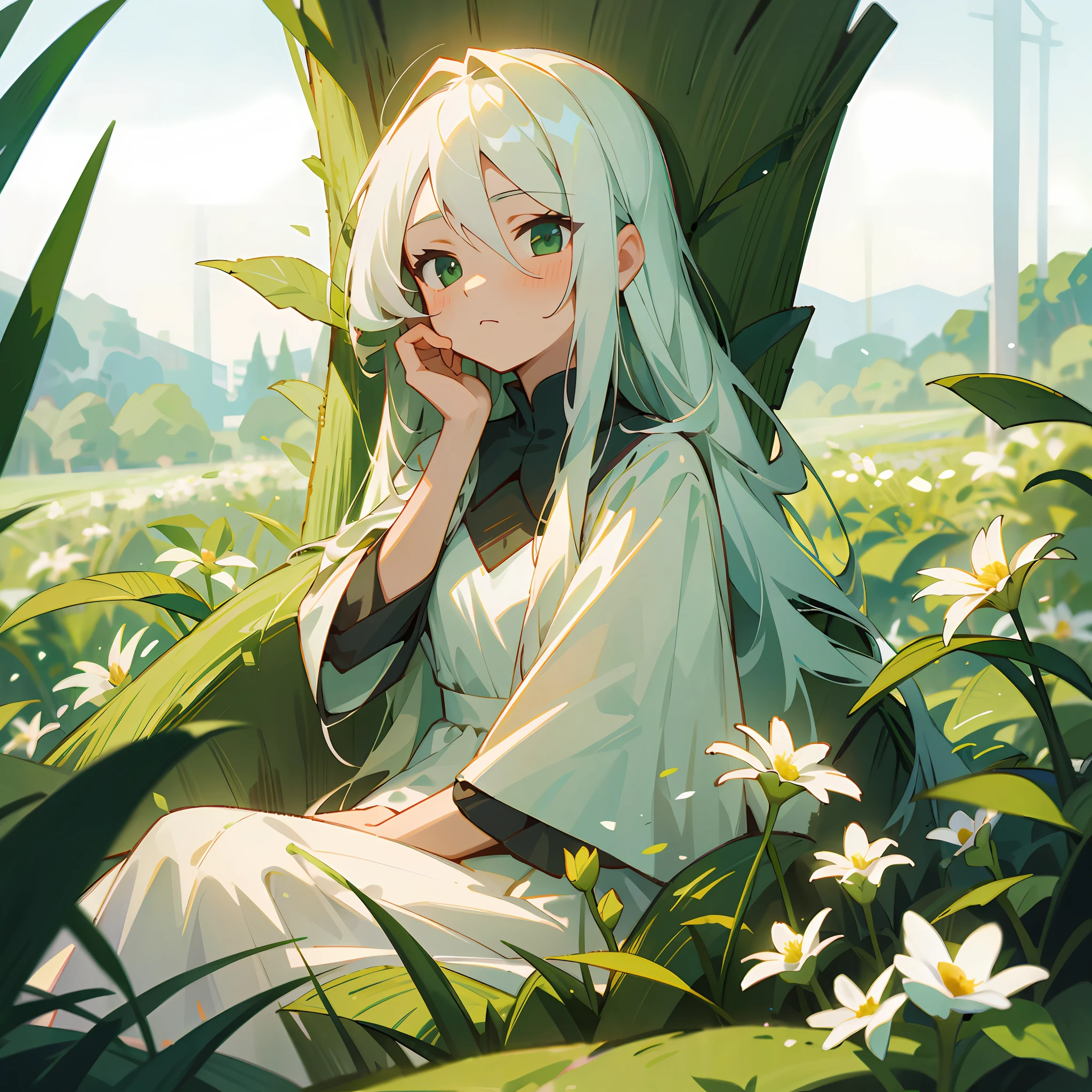 (masterpiece, best quality),1girl with long white hair sitting in a field of green plants and flowers, her hand under her chin, warm lighting, white dress, blurry foreground