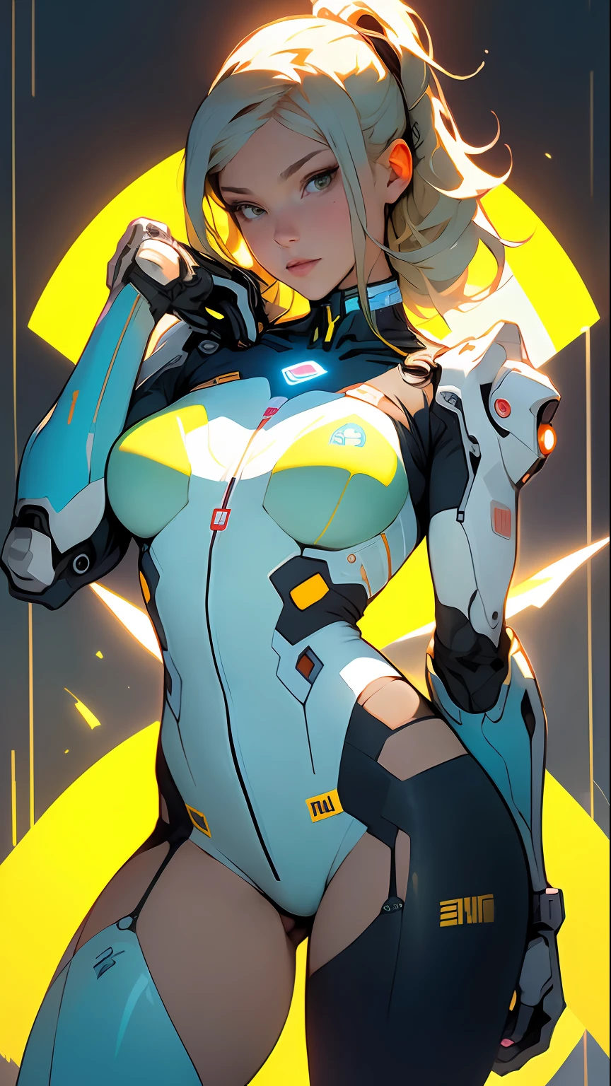 ((Best quality)), ((masterpiece)), (detailed: 1.4), Robot pilot woman muscular body defined, Neon evangelion style, half thick ????? thighs, closed mouth, only panties, muscular body parts covered by technological clothing, (((?????????????)) perfect, generous neckline, ((light blue and white clothing)), Argentina, pastel, (((mechanical arm))), airplane wings on the back, super short blonde hair, short ?????????,  garter belt, by mucha, niji --V5, close to real, best quality, ????????????, psychopath, crazy face, ???? pose, psychedelic background, 2 pieces clothing, yellow sun designs of the flag of Argentina, cyberpunk, dark blue bra with yellow sun, (((clothes with the colors of the flag of Argentina))), pointed shoulder pads, green eyes without pupils, HDR (High Dynamic Range), Ray Tracing,NVIDIA RTX,Super-Resolution,Unreal 5,Subsurface Dispersion, PBR Texture, Post-processing, Anisotropic Filtering, Depth of Field, Maximum Clarity and Sharpness, Multilayer Textures, Albedo and Specular Maps, Surface Shading, Accurate Simulation of Light-Material Interaction, Perfect Proportions, Octane Render, Two-Tone Lighting, Wide Aperture, Low ISO, White Balance, Rule of Thirds, 8K RAW, Crysisnanosuit