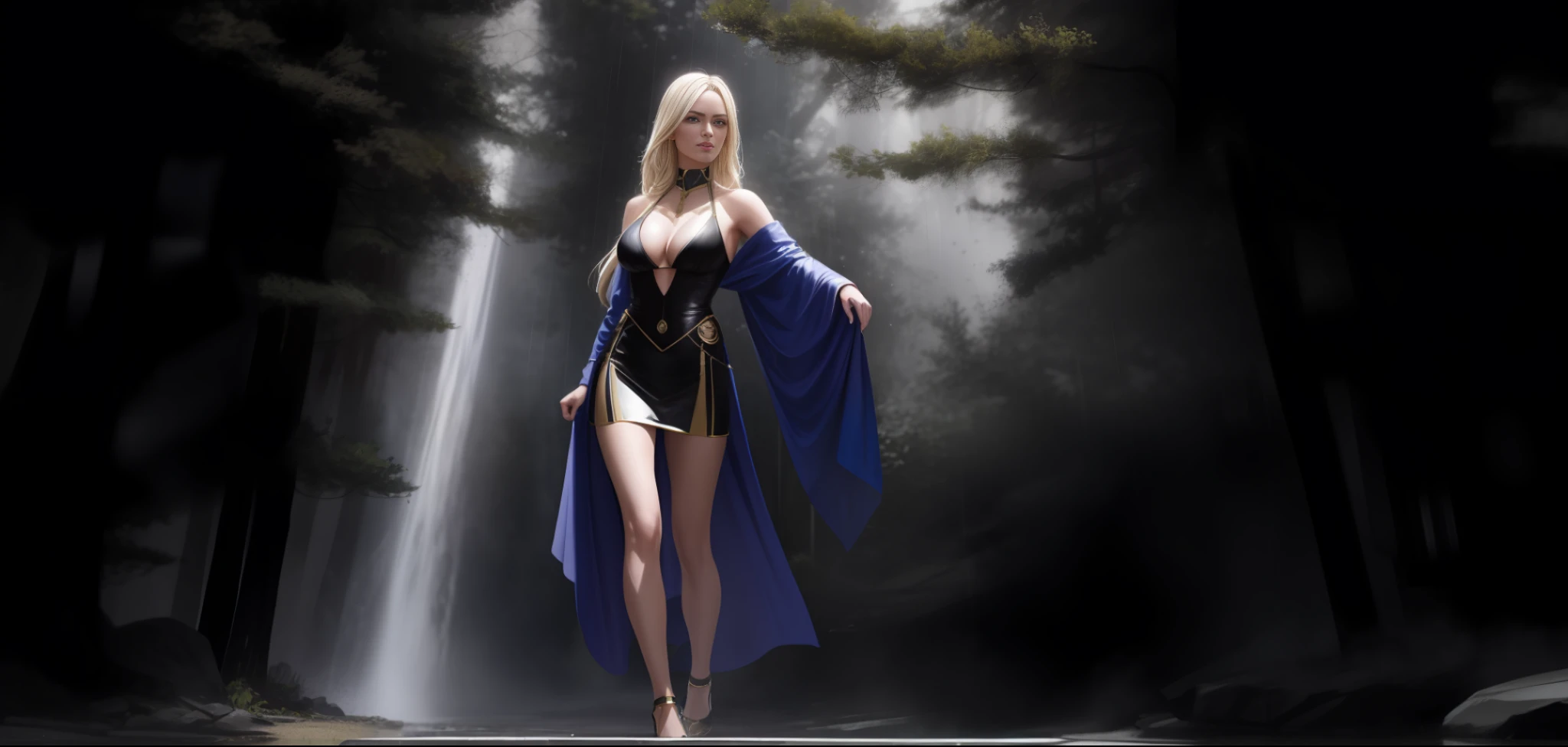 Master peace, official posters, a beautiful girl, detailed face, sharp eye, small chest, 8k, body , standing in the middle, warrior pose, full body, in center, sexy , wearing long short sexy dress, bare shoulder, unconcerned NSFW, cleavage, in the middle of frame, a dence forest, wet, raining, ultra realistic, photorealistic, cinimatic lighting,