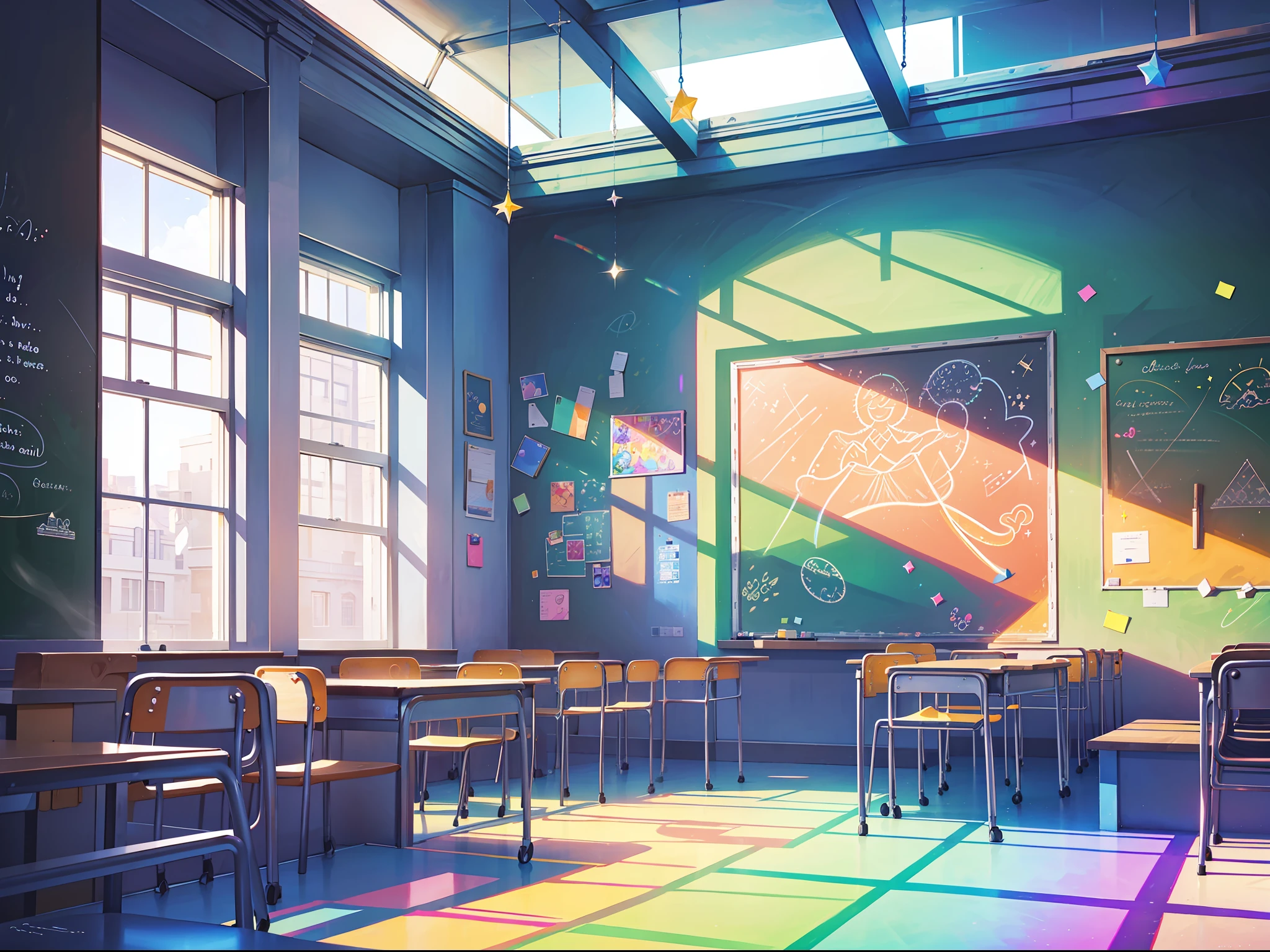 "Inside a brightly lit classroom on a sunny school day, a rainbow gleams in the clear sky outside. The atmosphere is happy and joyous, accentuated by the sparkling decor. ((a blackboard with chalk doodles in the back))"
