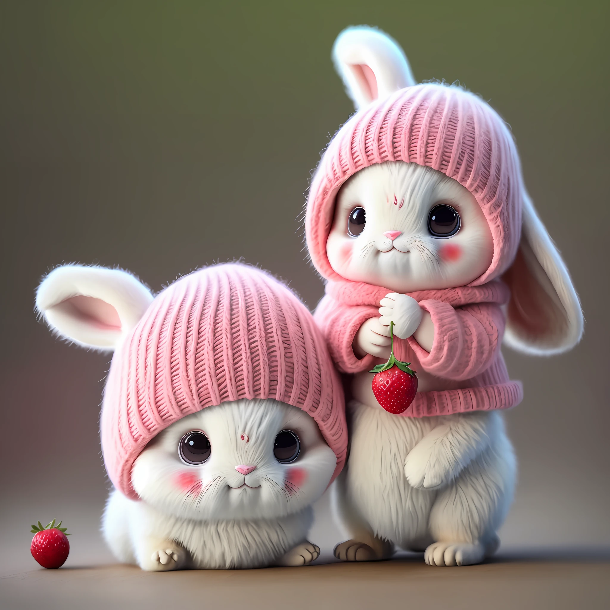 : 3. bunny, realistic, furry animal, apple, black eye, blush, cherry, food, fruit, full body, hat, non-human, strawberry, tomato, watermelon