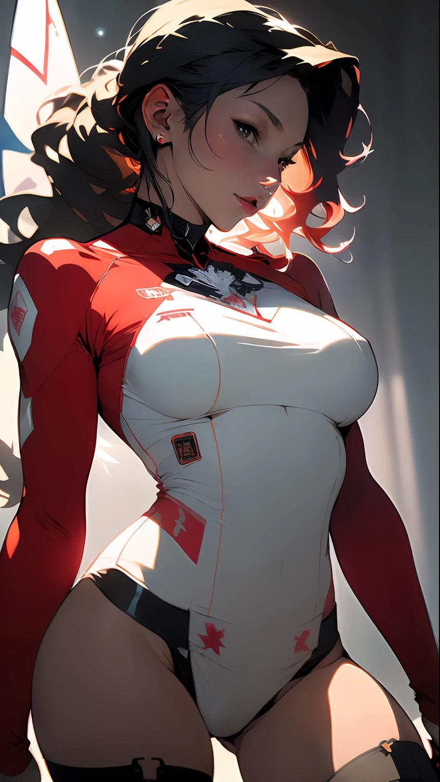 ((Best quality)), ((masterpiece)), (detailed: 1.4), Female fighter pilot defined muscular body, bare half-thick thighs, closed mouth, panties only, muscular body parts covered by technological clothing, (((large breasts)) perfect, generous neckline, (((red and white clothing)), Canada, pastel, stainless steel mechanical arm, airplane wings on the back, curly black hair and ponytail, short underwear, garter belt, by mucha, niji --V5, close to real, best quality, almost naked, psychopathic, crazy face, sexy pose, background with falling leaves, 2 pieces clothing, sheet drawings symbol of Canada, cyberpunk, dark red bra with white sheet, (((clothes with the colors of the flag of Canada)))), pointed shoulder pads, green eyes without pupils, HDR (High Dynamic Range),Ray Tracing,NVIDIA RTX,Super-Resolution,Unreal 5,Subsurface Dispersion, PBR Texture, Post-processing, Anisotropic filtering, Depth of field, Maximum clarity and sharpness, Multilayer textures, Albedo and specular maps, Surface shading, Accurate simulation of light-material interaction, Perfect proportions, Octane Render, Two-tone lighting, Wide aperture, Low ISO, White balance, Rule of thirds, 8K RAW, crysisnanosuit