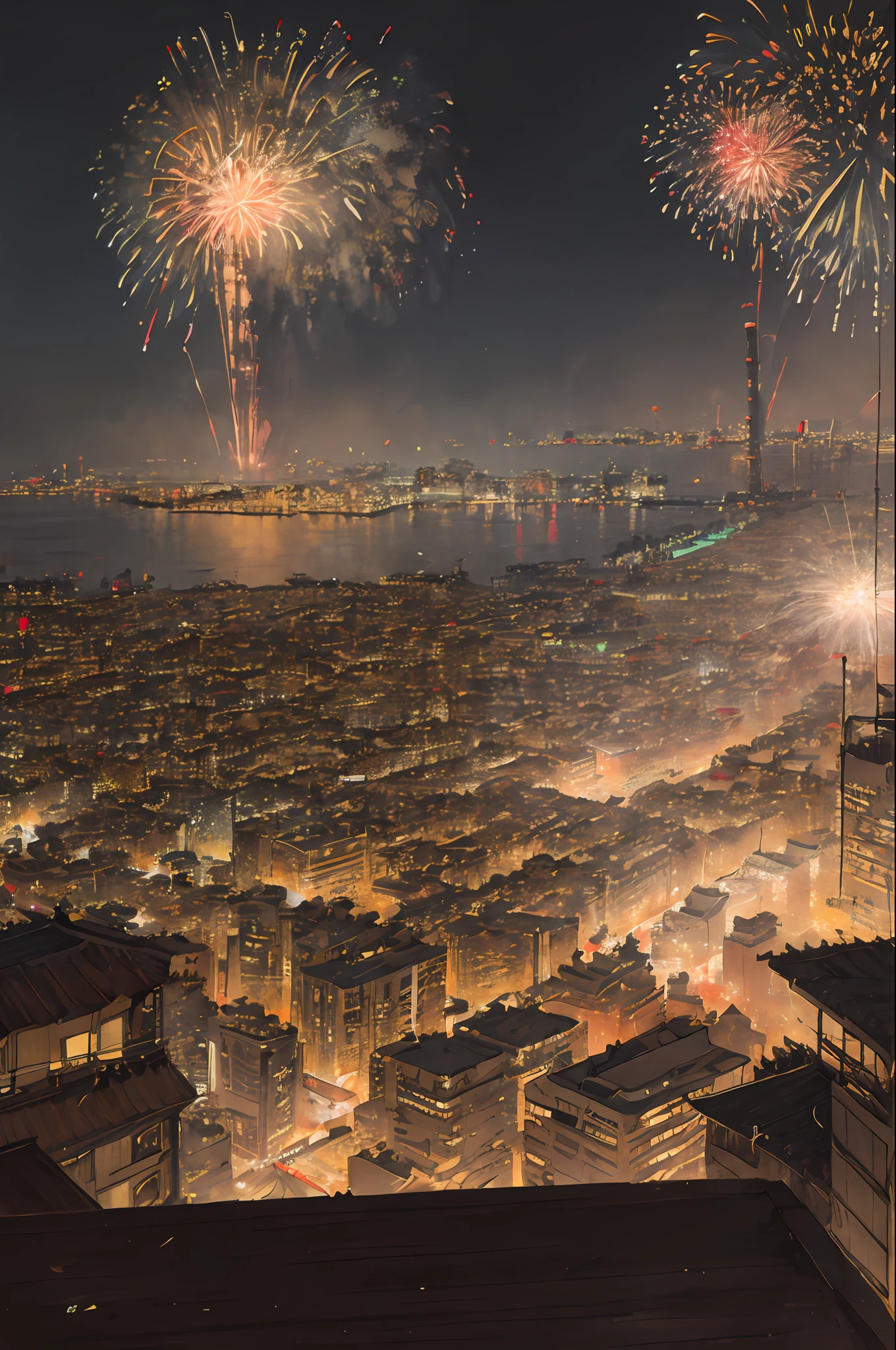 1city, cyberpunk, light brown tone, panoramic, detailed, fireworks, new year