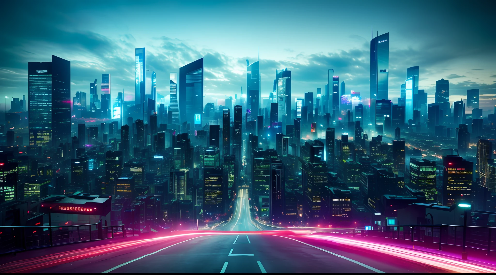 decaying and dystopian futuristic cityscape (vibrant, photorealistic, realistic, dramatic, dark, sharp focus, 8k)