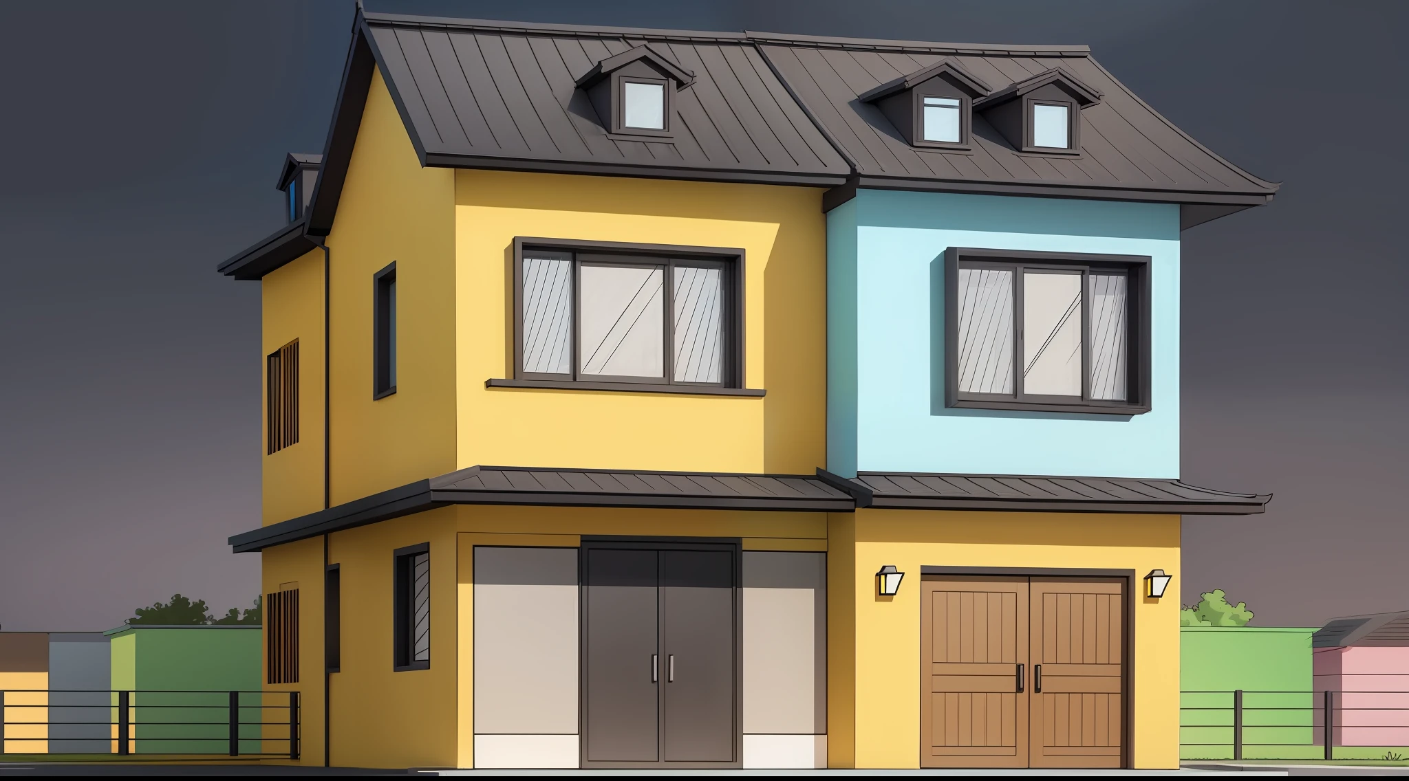 flash modern house material, cartoon style, hand-drawn style, frontal perspective, separate house, complete house, complete, flash animation coloring, black lines, straight outline, layered, HD