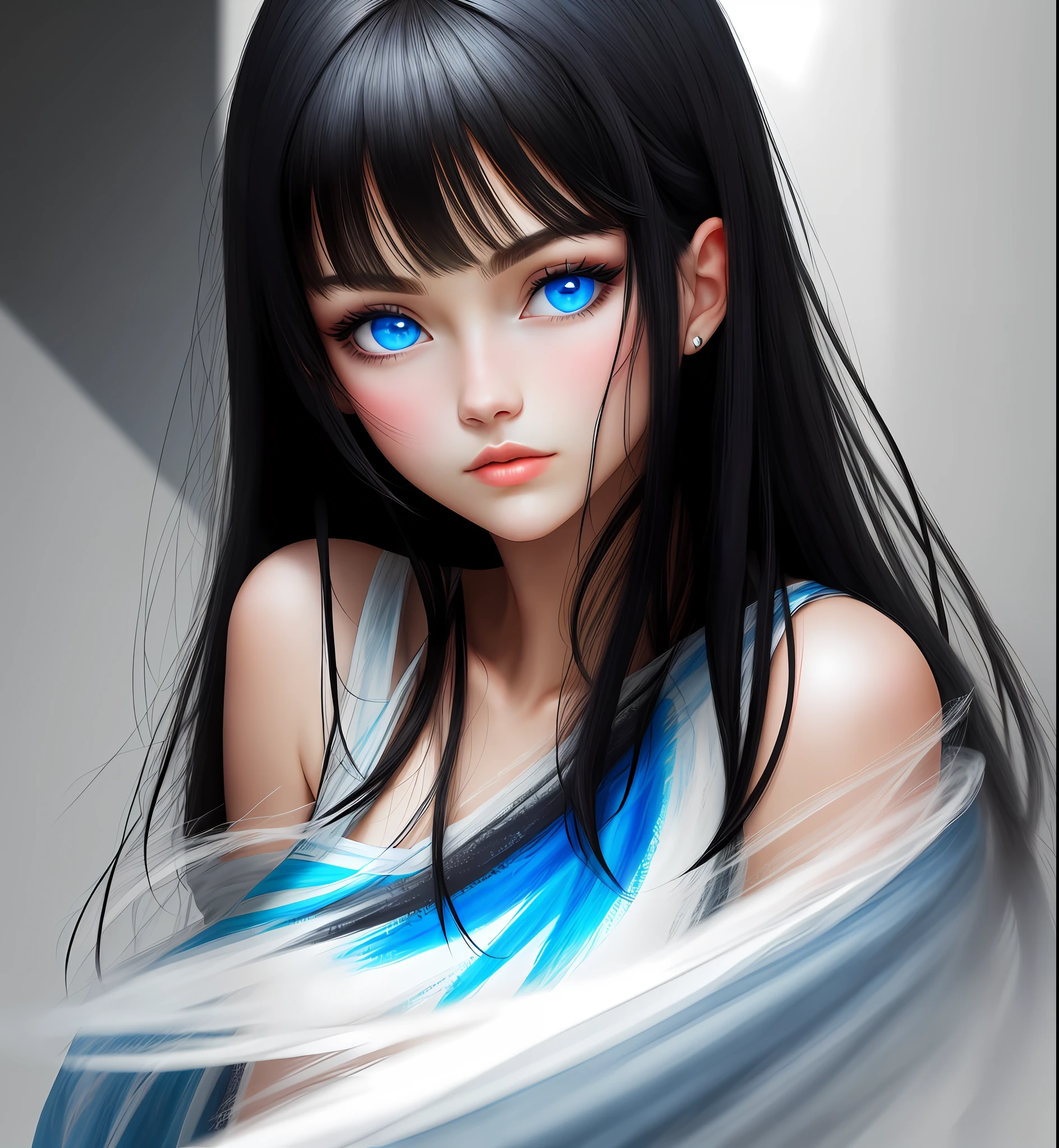 Black hair and blue eyes