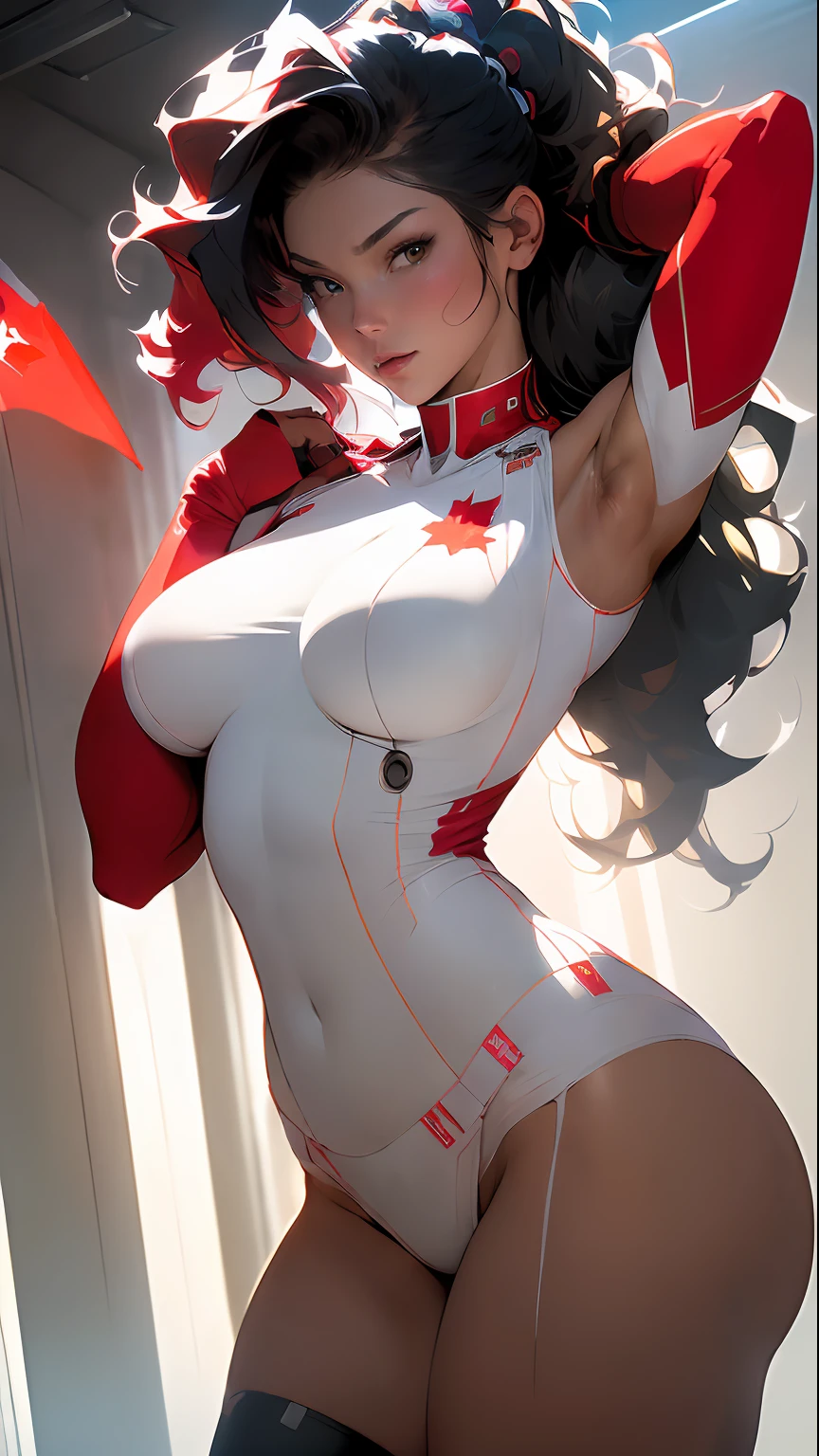 ((Best quality)), ((masterpiece)), (detailed: 1.4), Fighter pilot woman muscular body defined, half thick naked thighs, closed mouth, only panties, muscular body parts covered by technological clothing, (((large breasts)) perfect, generous neckline, (((red and white clothing)), Canada, pastel, stainless steel arm, curly black hair and ponytail, short underwear, garter belt, by mucha, niji --V5, close to real, best quality, almost naked, psychopathic, crazy face, sexy pose, background with falling leaves, 2 pieces clothing, sheet drawings symbol of Canada, cyberpunk, dark red bra with white sheet, ((((clothes with the colors of the flag of Canada))), pointed shoulder pads, green eyes without pupils, HDR (High Dynamic Range), Ray Tracing,NVIDIA RTX,Super-Resolution,Unreal 5,Subsurface Dispersion, PBR Texture, Post-processing, Anisotropic Filtering, Depth of Field, Maximum Clarity and Sharpness, Multilayer Textures, Albedo and Specular Maps, Surface Shading, Accurate Simulation of Light-Material Interaction, Perfect Proportions, Octane Render, Two-Tone Lighting, Wide Aperture, Low ISO, White Balance, Rule of Thirds, 8K RAW, Crysisnanosuit