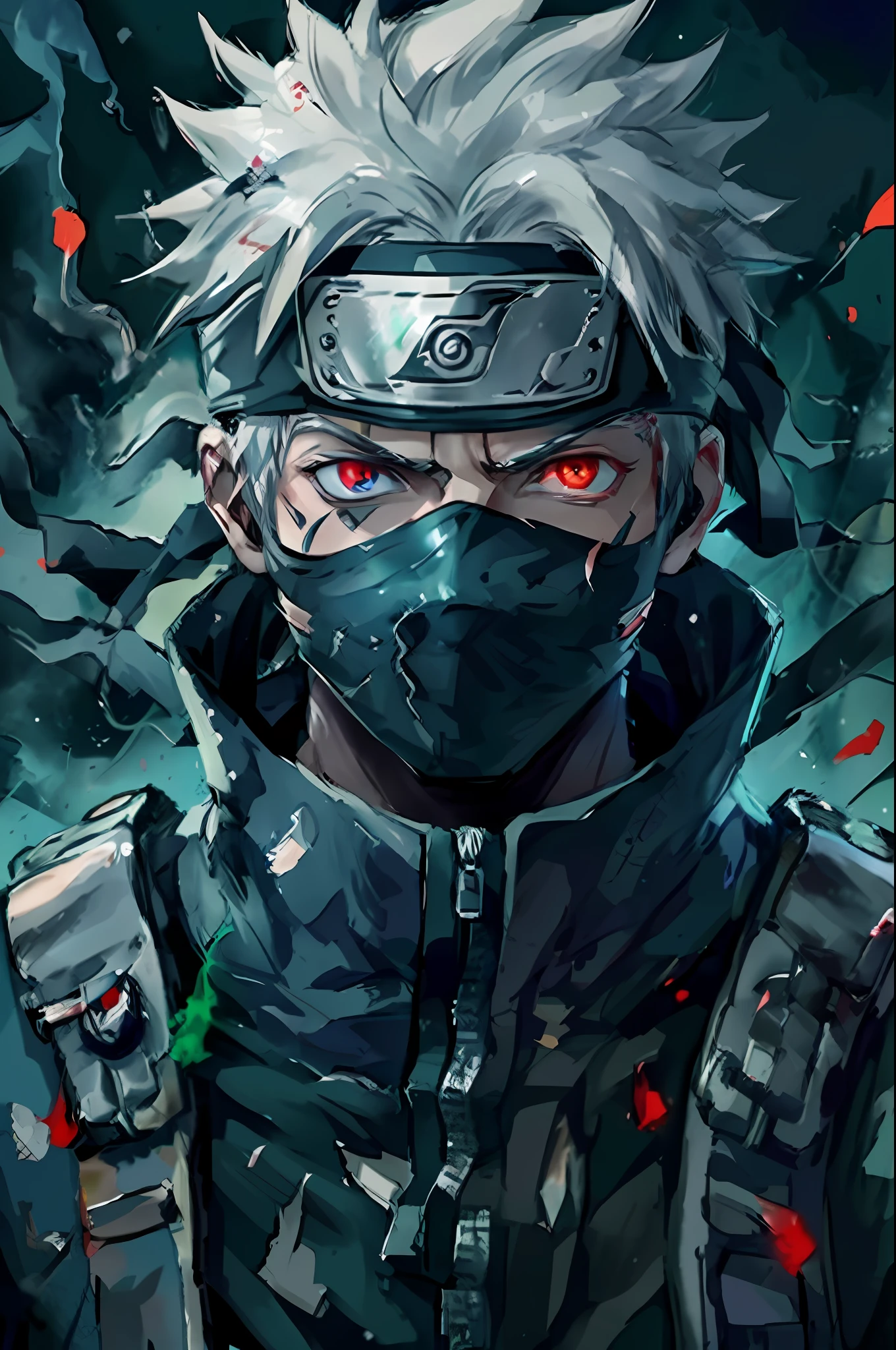 Kakashi, 1boy, solo, male focus, glow, red eyes, heterochromia, looking at the audience, glowing eyes, scars, ninjas, glowing eyes, scars on face, (Thunder: 1.3)