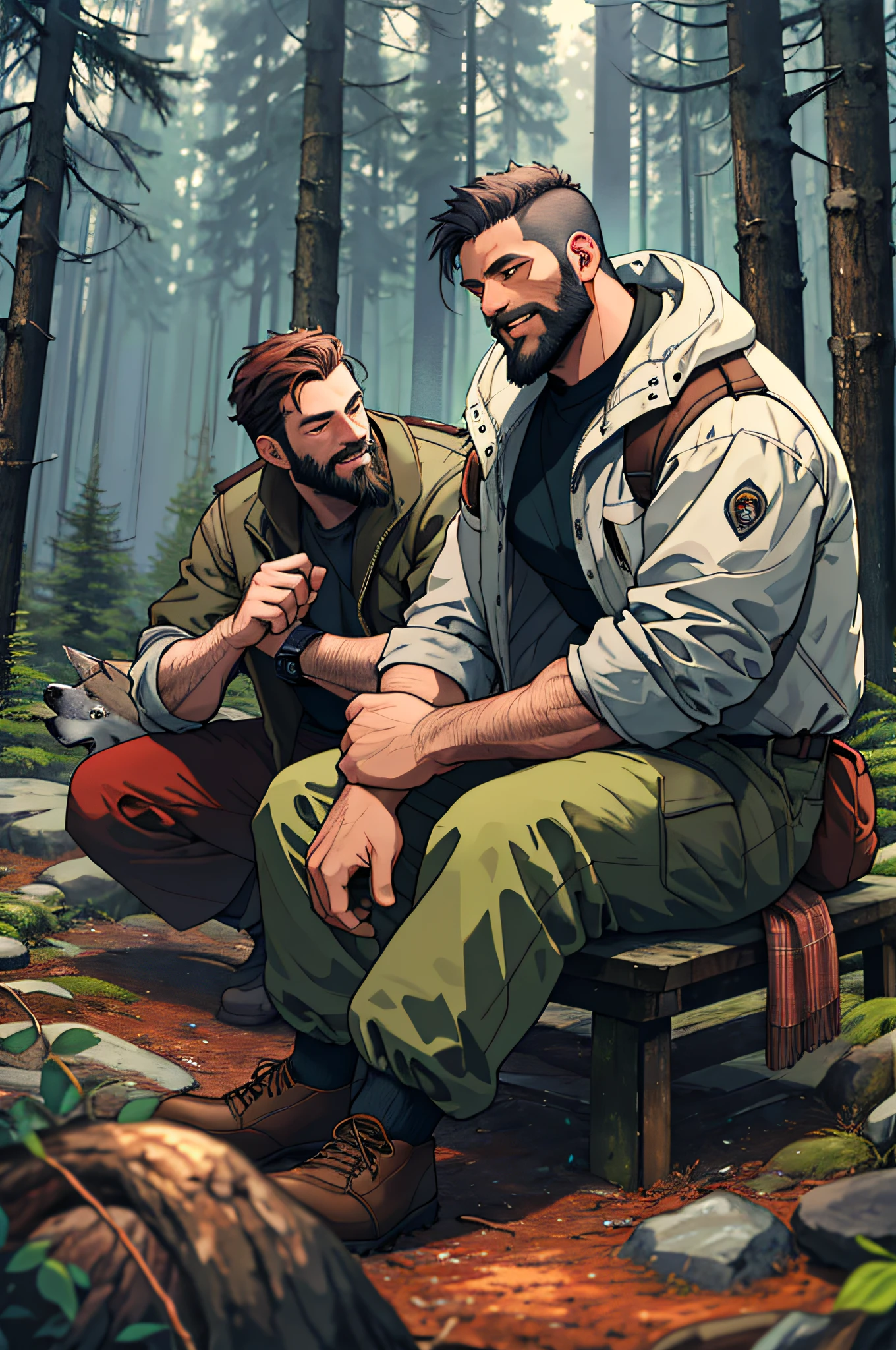a man in a campaemtno in the forest, a campfire, talking to a wolf, better quality, well detailed man, beard, forest
