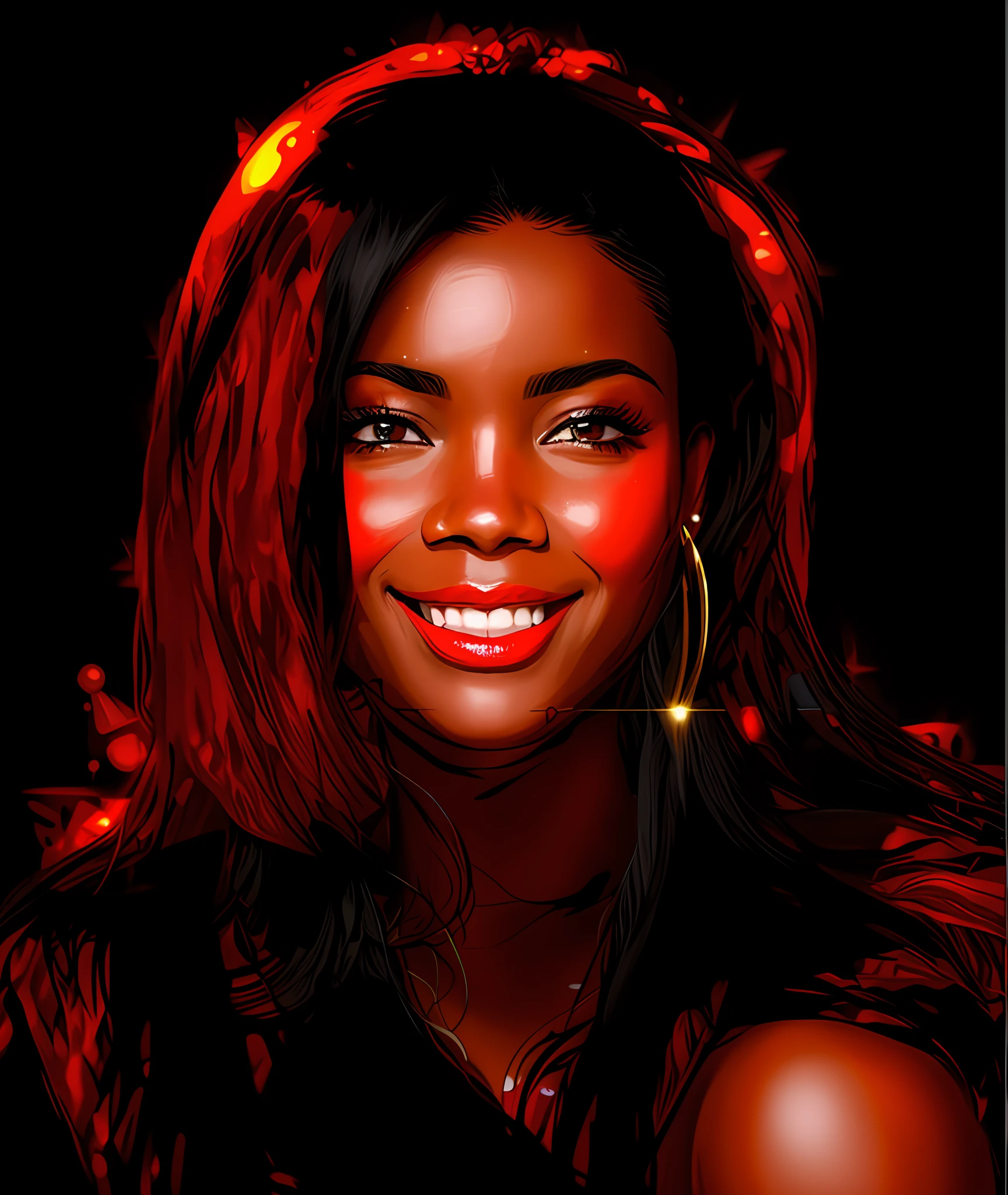Young smiling black woman with long black hair and a red dress, bright digital painting, modern darna portrait, digital painting #1 of all time, #1 digital painting of all time, digital fantasy portrait, gorgeous digital painting, photorealistic portrait of bjork, digital art portrait, stunning digital painting, digital airbrush oil painting,  beautiful digital art, orixá, awesome art